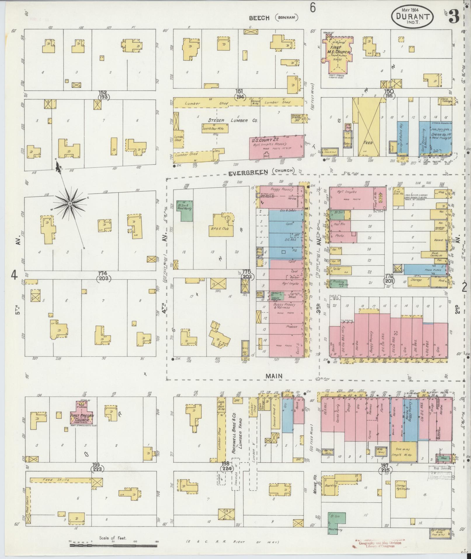 Sanborn Fire Insurance Map from Durant, Bryan County, Oklahoma (1904), Sheet #0003 - Complete Map Set gallery image, historic Sanborn map, vintage wall art, Oklahoma Oklahoma