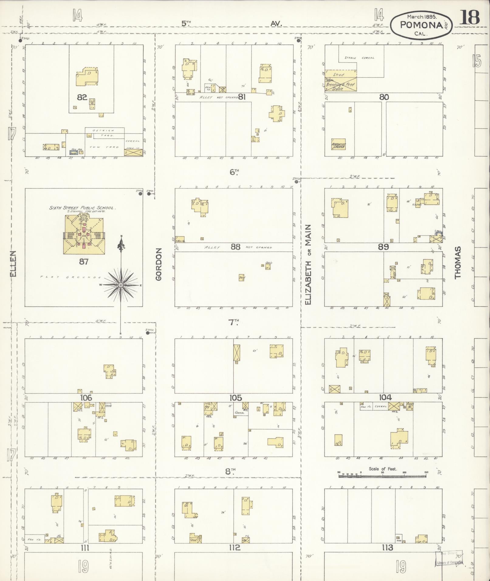 Sanborn Fire Insurance Map from Pomona, Los Angeles County, California (1895), Sheet #0018 - Complete Map Set gallery image, historic Sanborn map, vintage wall art, California California