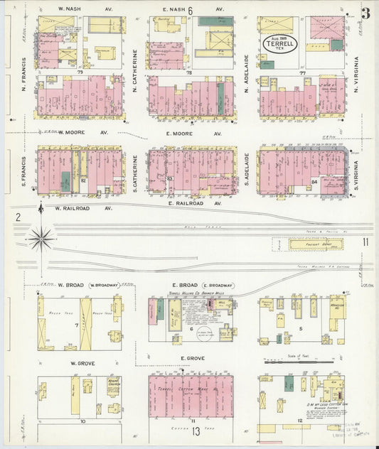Sanborn Fire Insurance Map from Terrell, Kaufman County, Texas (1909), Sheet #0003 - Historic Sanborn Fire Insurance Map Print, vintage old map wall art, antique decor, genealogy gift, Texas Texas map