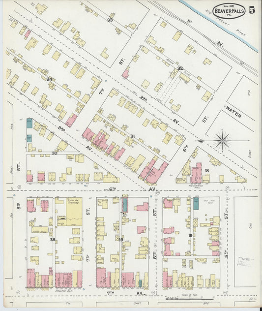 Sanborn Fire Insurance Map from Beaver Falls, Beaver County, Pennsylvania (1891), Sheet #0005 - Historic Sanborn Fire Insurance Map Print, vintage old map wall art, antique decor, genealogy gift, Pennsylvania Pennsylvania map