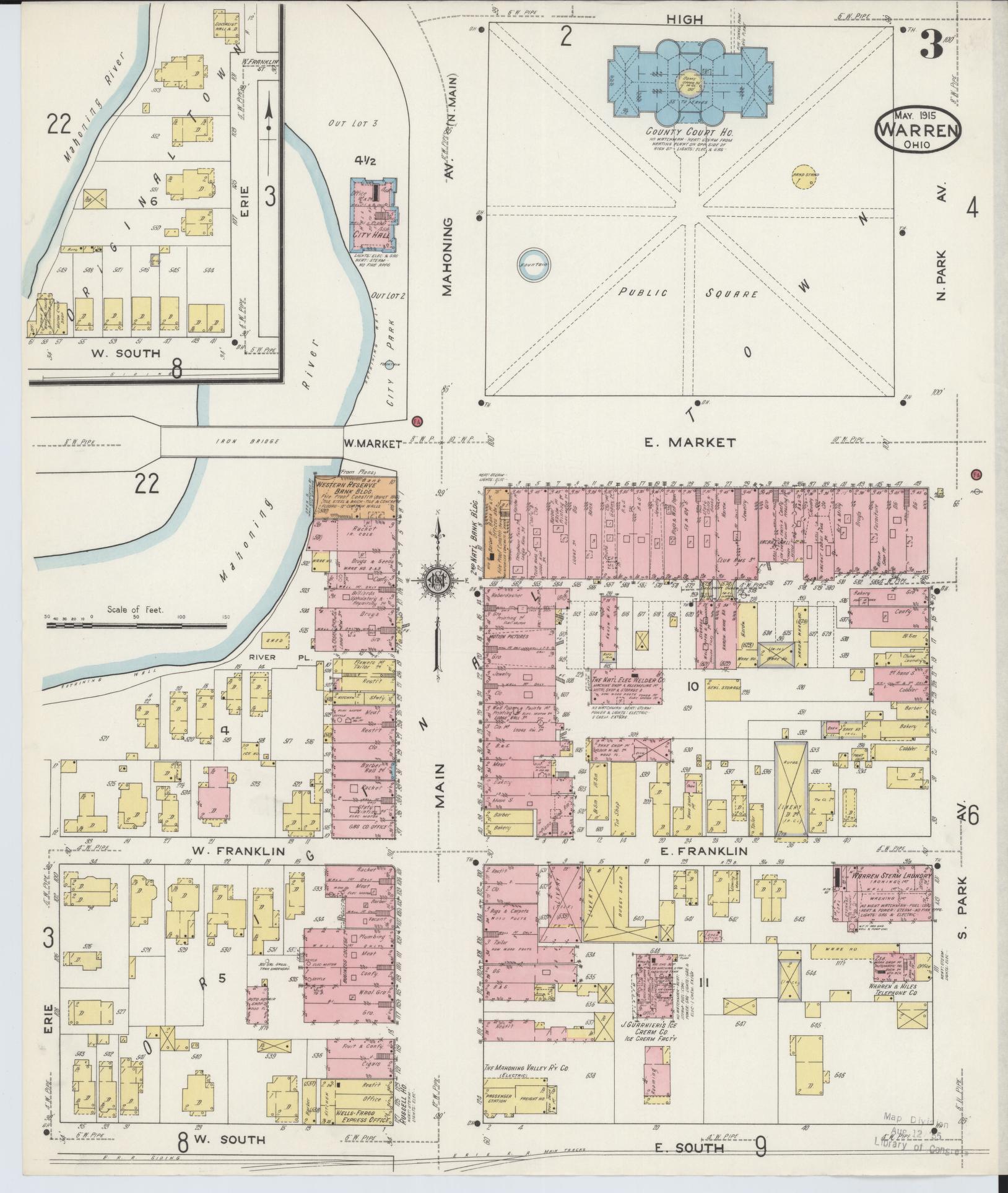 Sanborn Fire Insurance Map from Warren, Trumbull County, Ohio (1915), Sheet #0003 - Historic Sanborn Fire Insurance Map Print, vintage old map wall art, antique decor, genealogy gift, Ohio Ohio map