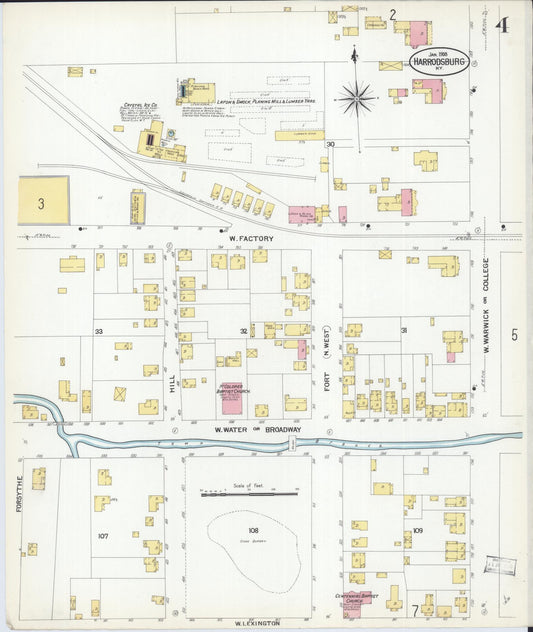 Sanborn Fire Insurance Map from Harrodsburg, Mercer County, Kentucky (1908), Sheet #0004 - Historic Sanborn Fire Insurance Map Print, vintage old map wall art, antique decor, genealogy gift, Kentucky Kentucky map