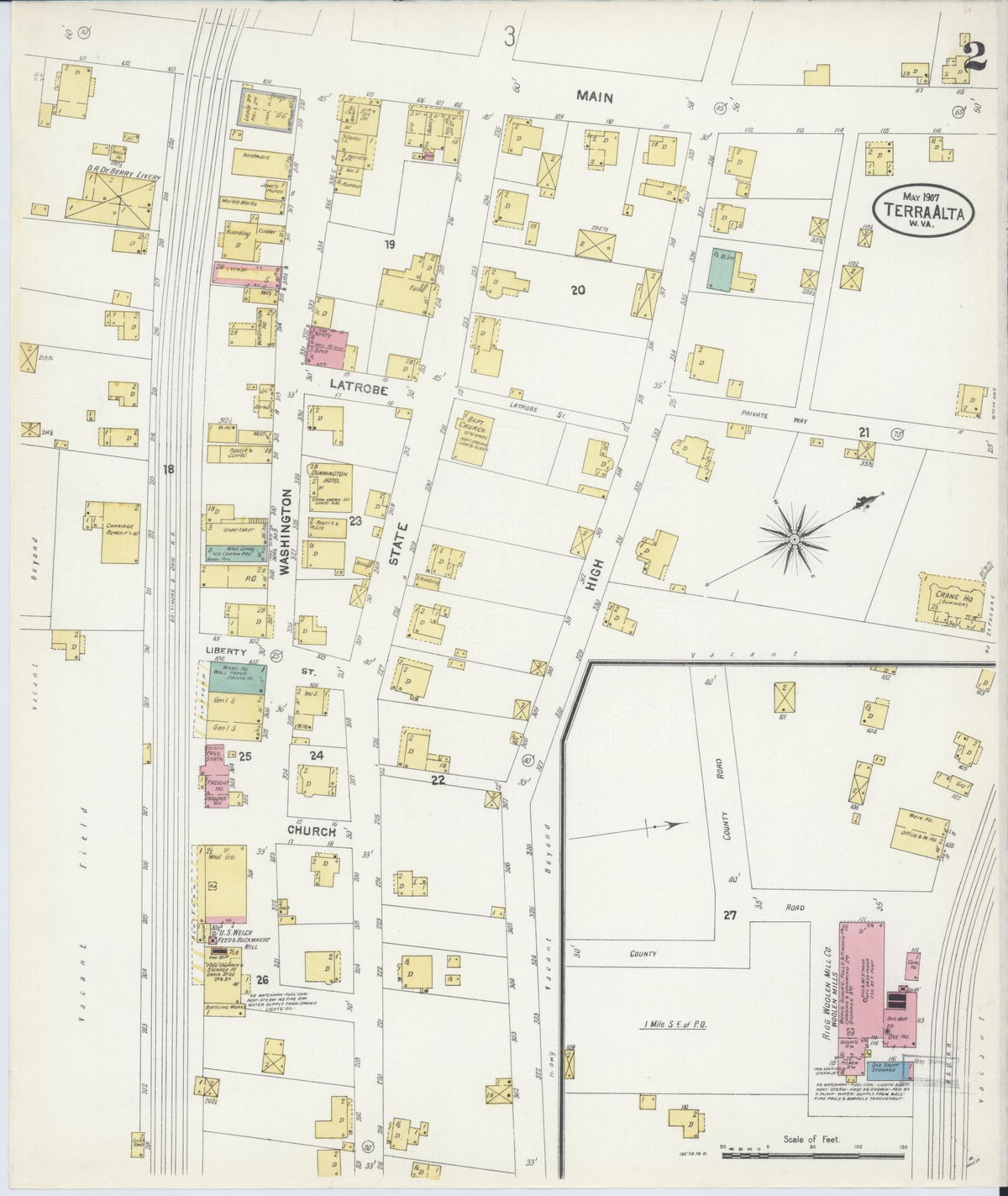 Sanborn Fire Insurance Map from Terra Alta, Preston County, West Virginia (1907), Sheet #0002 - Historic Sanborn Fire Insurance Map Print, vintage old map wall art, antique decor, genealogy gift, West Virginia West Virginia map