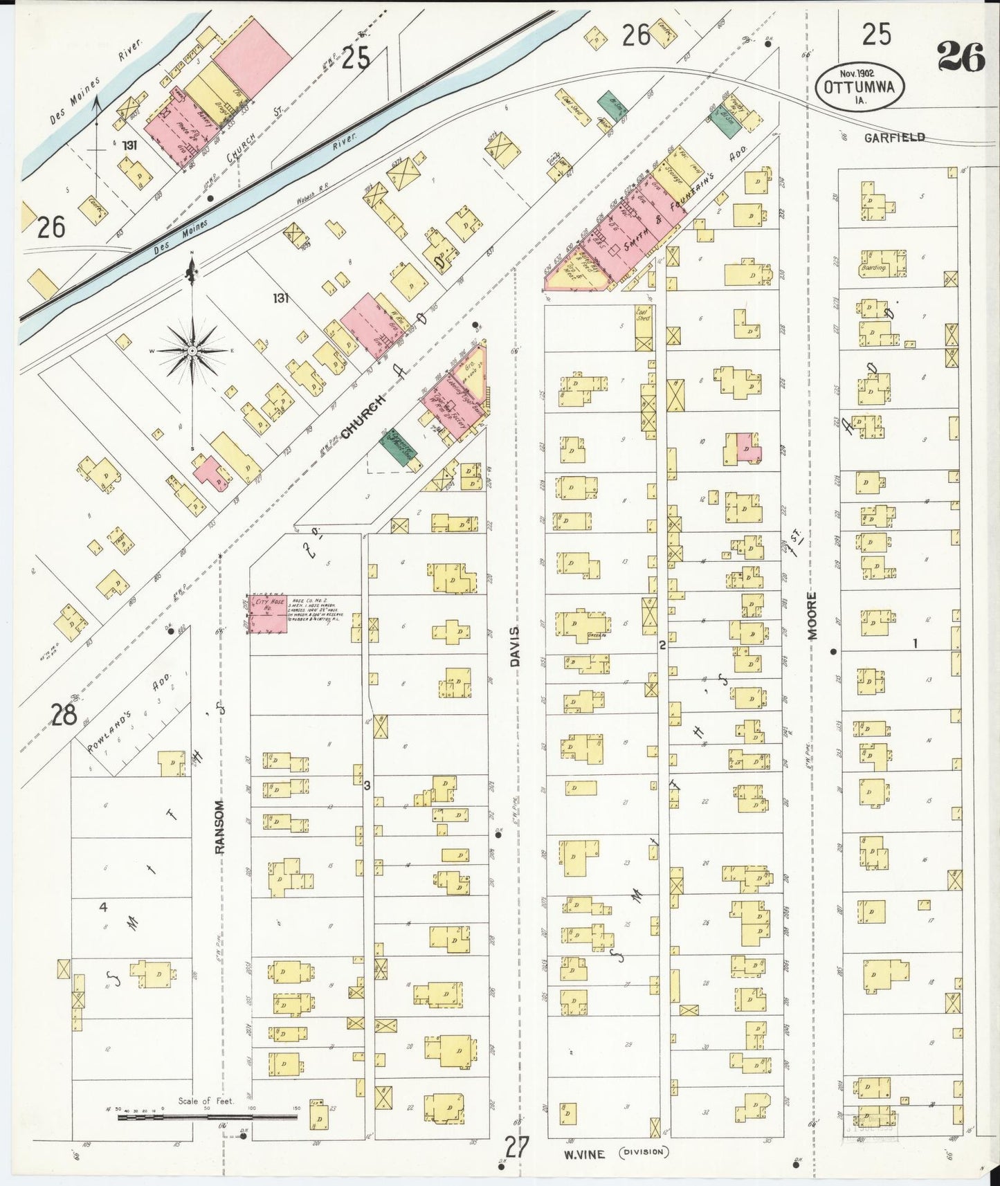Sanborn Fire Insurance Map from Ottumwa, Wapello County, Iowa (1902), Sheet #0026 - Historic Sanborn Fire Insurance Map Print, vintage old map wall art