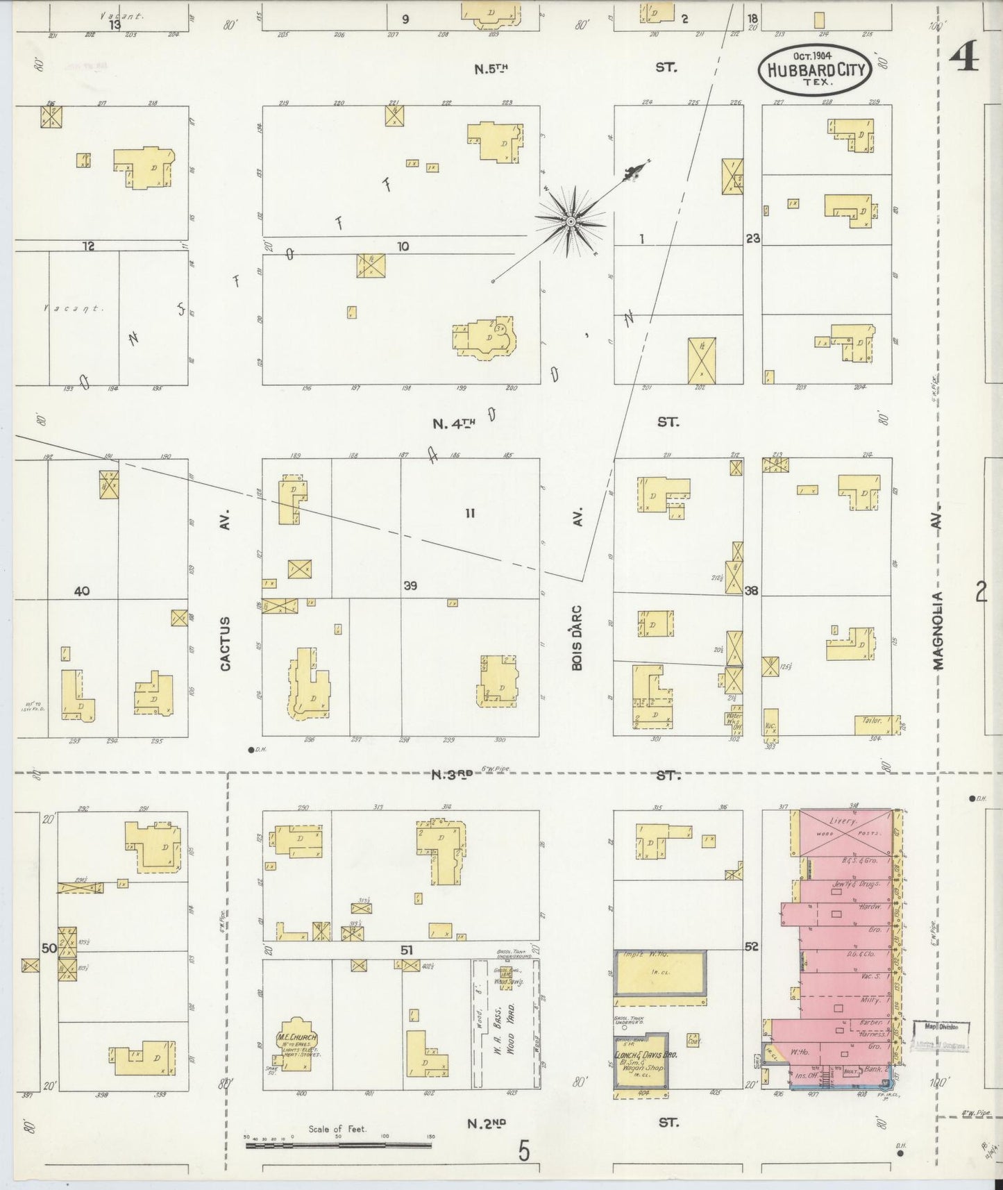 Sanborn Fire Insurance Map from Hubbard, Hill County, Texas (1904), Sheet #0004 - Historic Sanborn Fire Insurance Map Print, vintage old map wall art, antique decor, genealogy gift, Texas Texas map