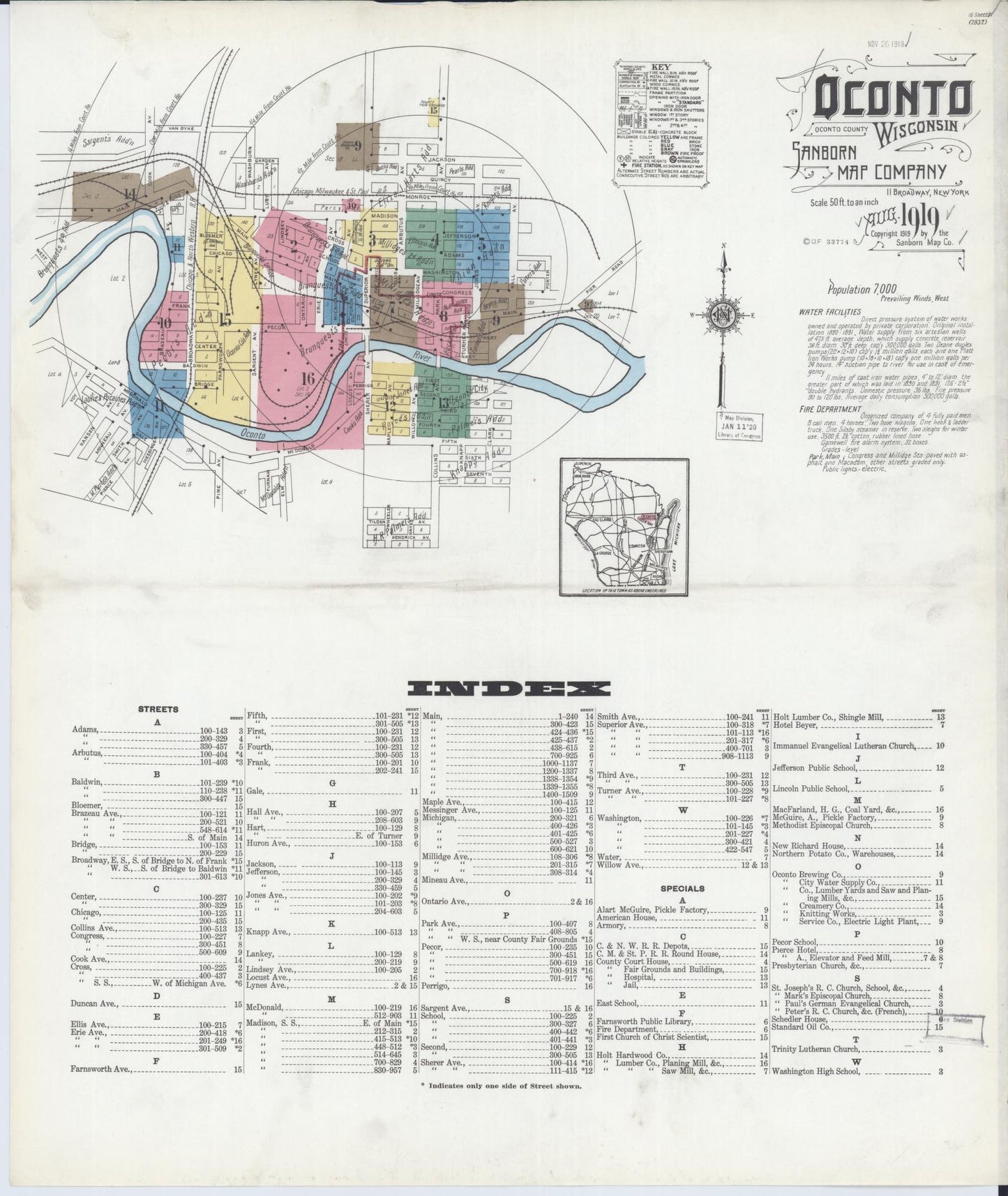 Sanborn Fire Insurance Map from Oconto, Oconto County, Wisconsin (1919), Sheet #0001 - Complete Map Set gallery image, historic Sanborn map, vintage wall art, Wisconsin Wisconsin