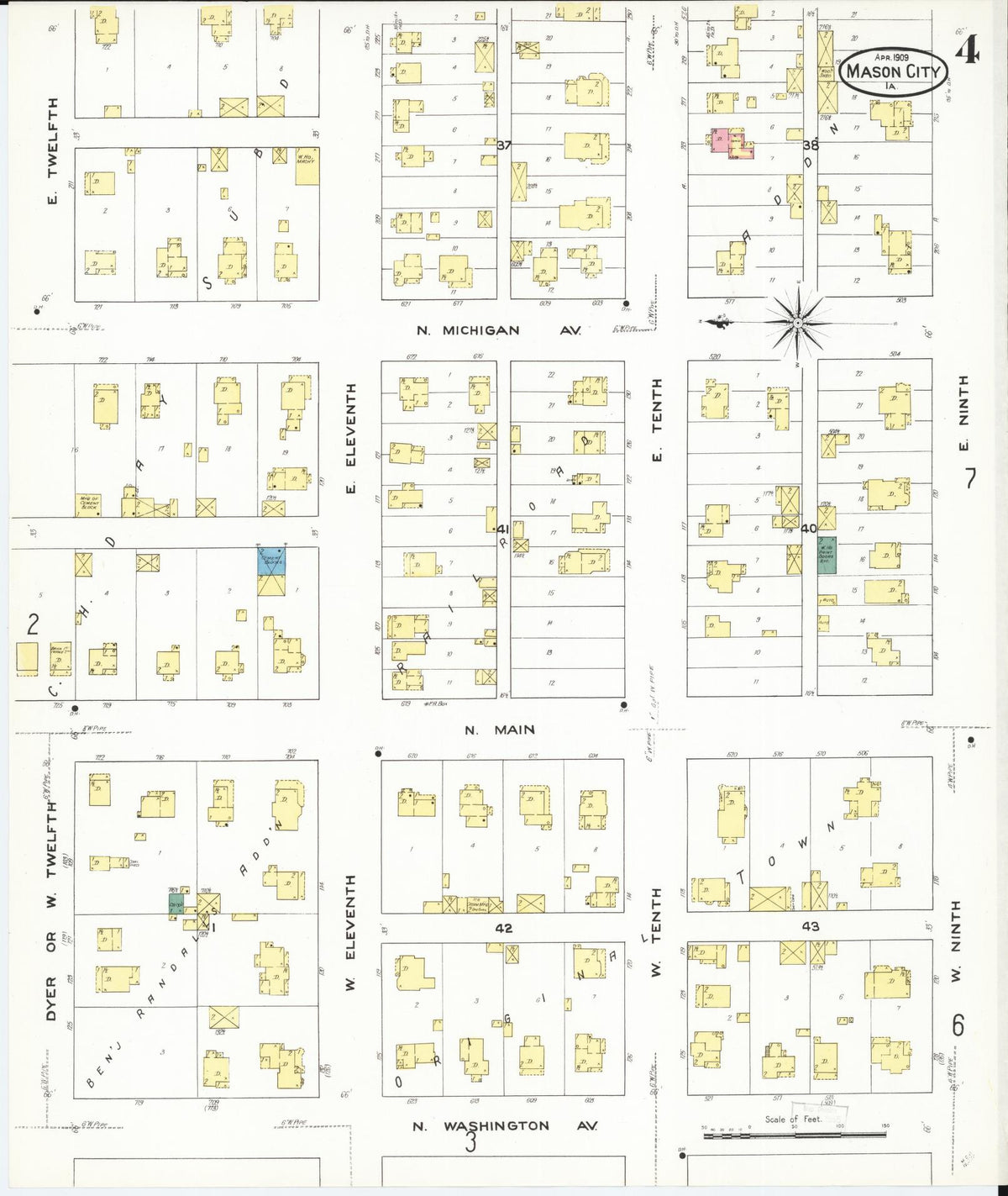 Sanborn Fire Insurance Map from Mason City, Cerro Gordo County, Iowa (1909), Sheet #0004 - Historic Sanborn Fire Insurance Map Print, vintage old map wall art