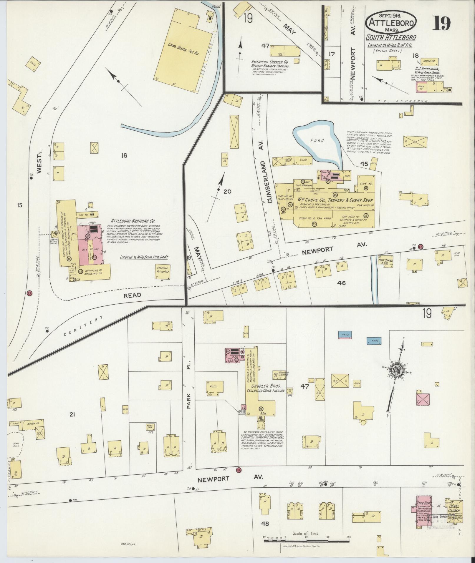 Sanborn Fire Insurance Map from Attleboro, Bristol County, Massachusetts (1916), Sheet #0019 - Complete Map Set gallery image, historic Sanborn map, vintage wall art, Massachusetts Massachusetts