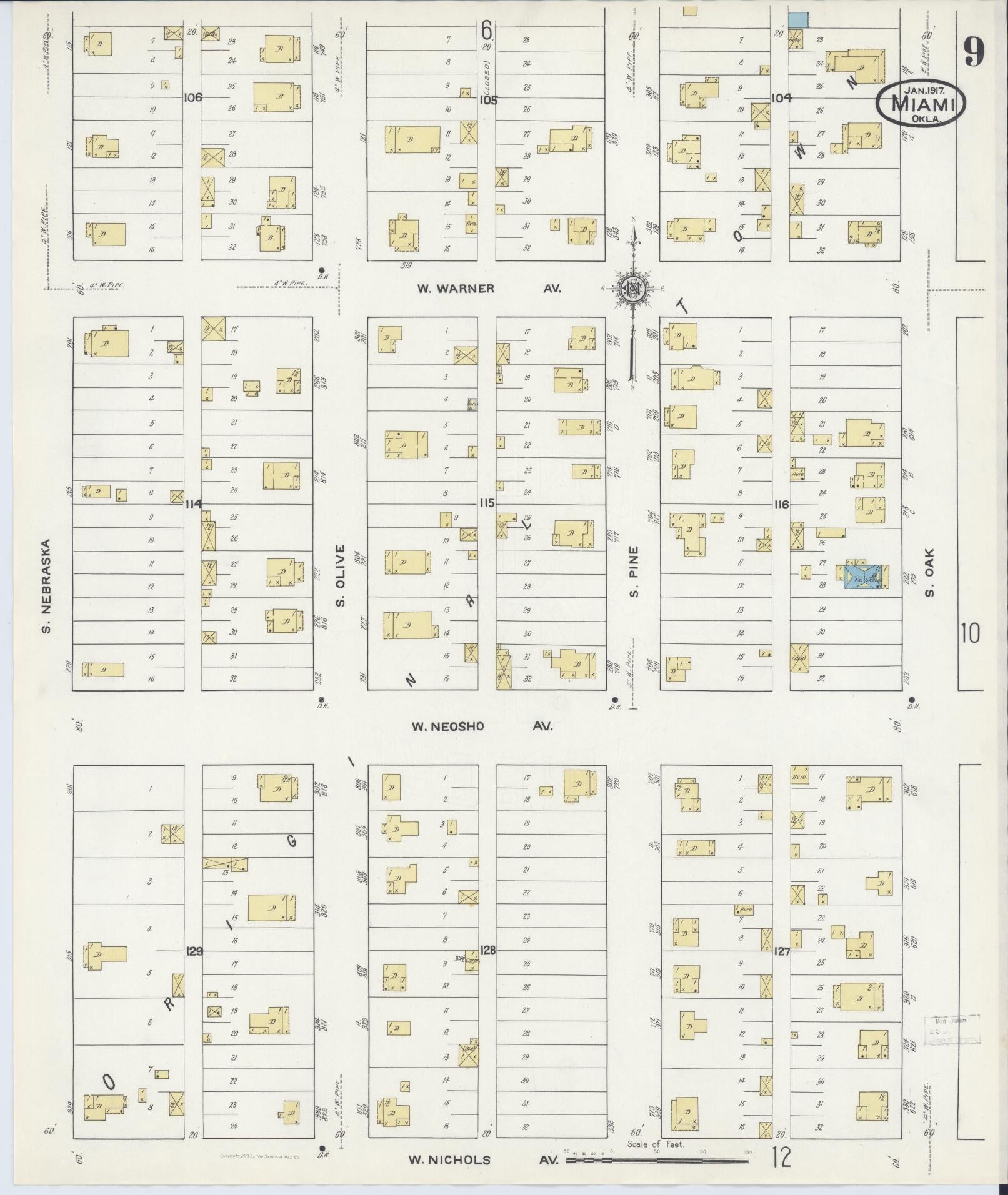 Sanborn Fire Insurance Map from Miami, Ottawa County, Oklahoma (1917), Sheet #0009 - Complete Map Set gallery image, historic Sanborn map, vintage wall art, Oklahoma Oklahoma