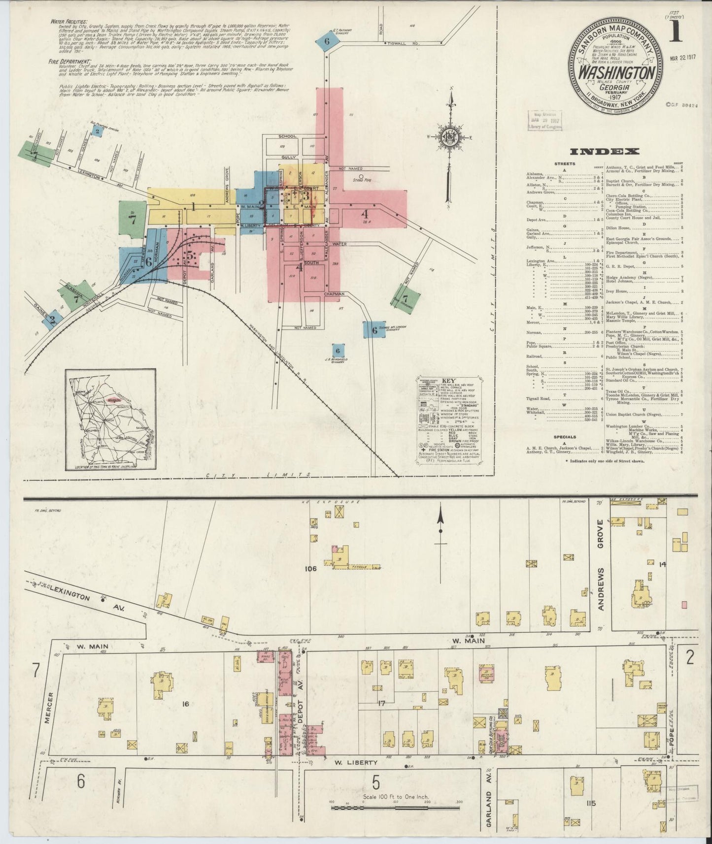 Sanborn Fire Insurance Map from Washington, Wilkes County, Georgia (1917), Sheet #0001 - Historic Sanborn Fire Insurance Map Print, vintage old map wall art, antique decor, genealogy gift, Washington Washington map