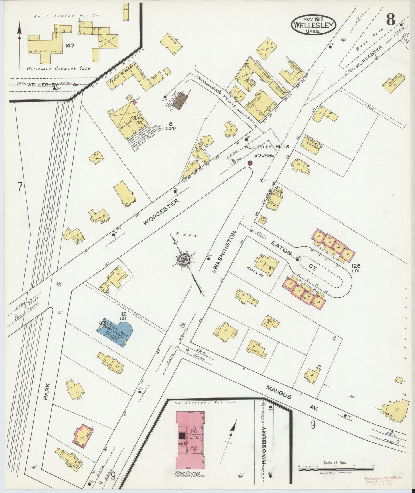 Sanborn Fire Insurance Map from Wellesley, Norfolk County, Massachusetts (1919), Sheet #0008 - Complete Map Set gallery image, historic Sanborn map, vintage wall art, Massachusetts Massachusetts