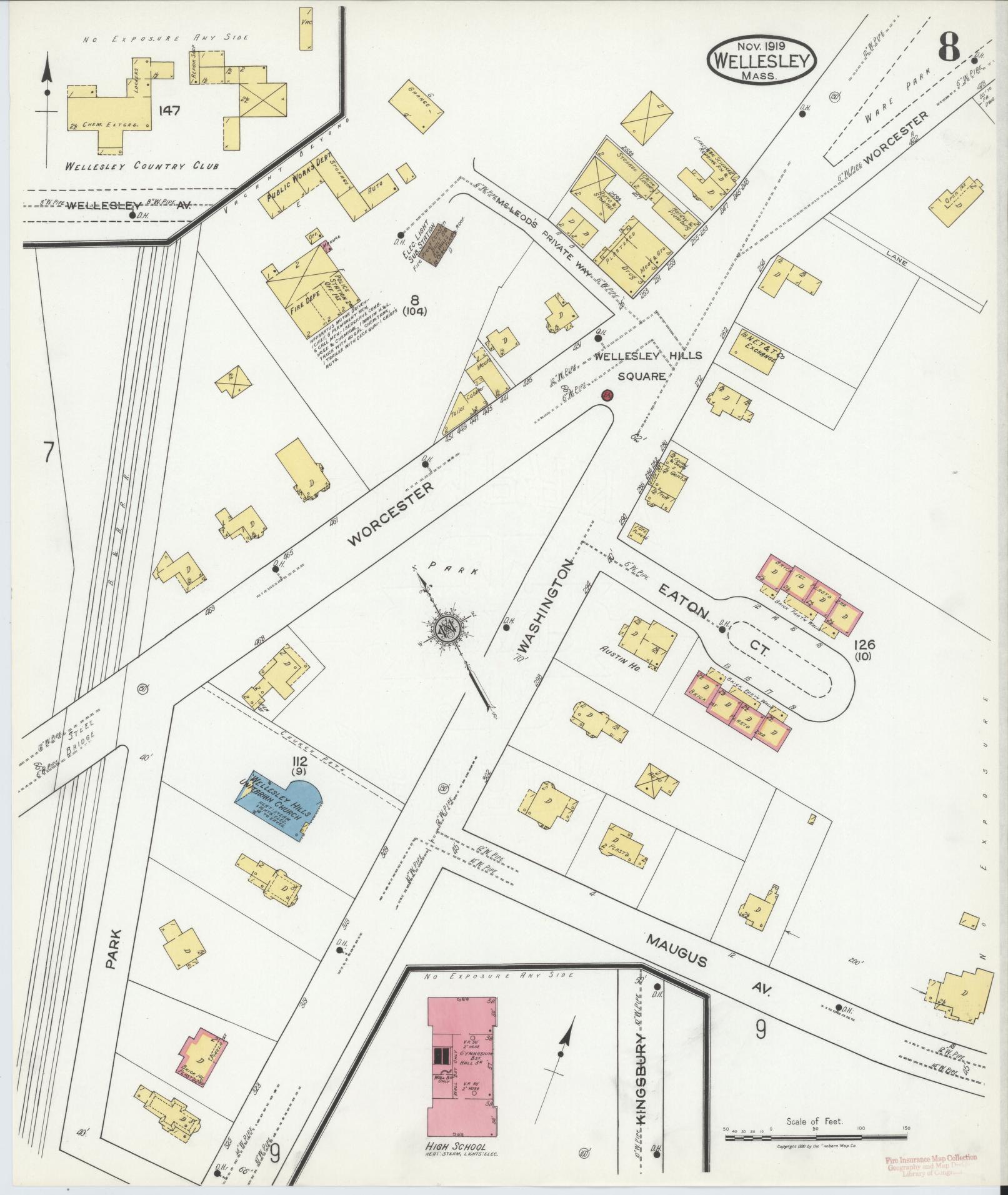 Sanborn Fire Insurance Map from Wellesley, Norfolk County, Massachusetts (1919), Sheet #0008 - Complete Map Set gallery image, historic Sanborn map, vintage wall art, Massachusetts Massachusetts