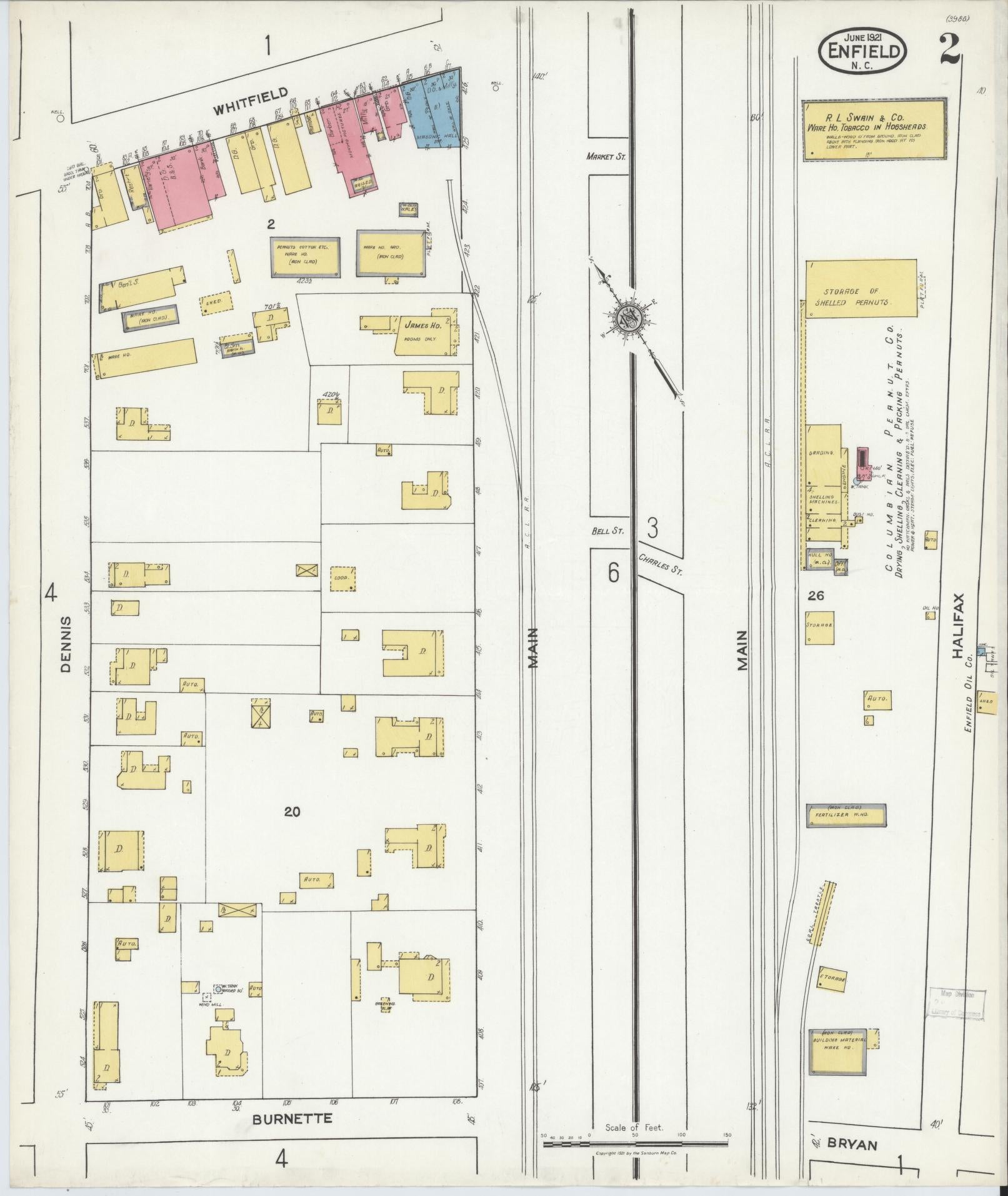 Sanborn Fire Insurance Map from Enfield, Halifax County, North Carolina (1921), Sheet #0002 - Complete Map Set gallery image, historic Sanborn map, vintage wall art, North Carolina North Carolina