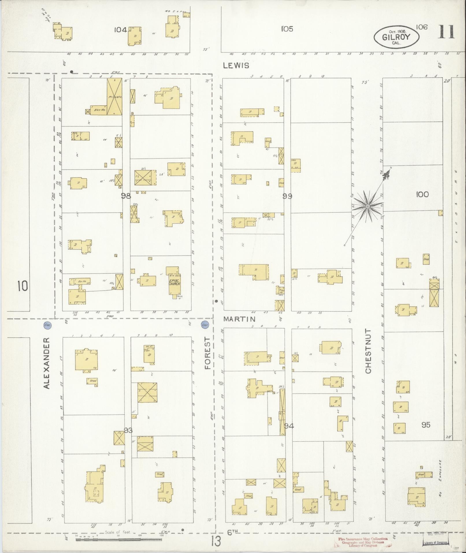 Sanborn Fire Insurance Map from Gilroy, Santa Clara County, California (1906), Sheet #0011 - Historic Sanborn Fire Insurance Map Print, vintage old map wall art, antique decor, genealogy gift, California California map