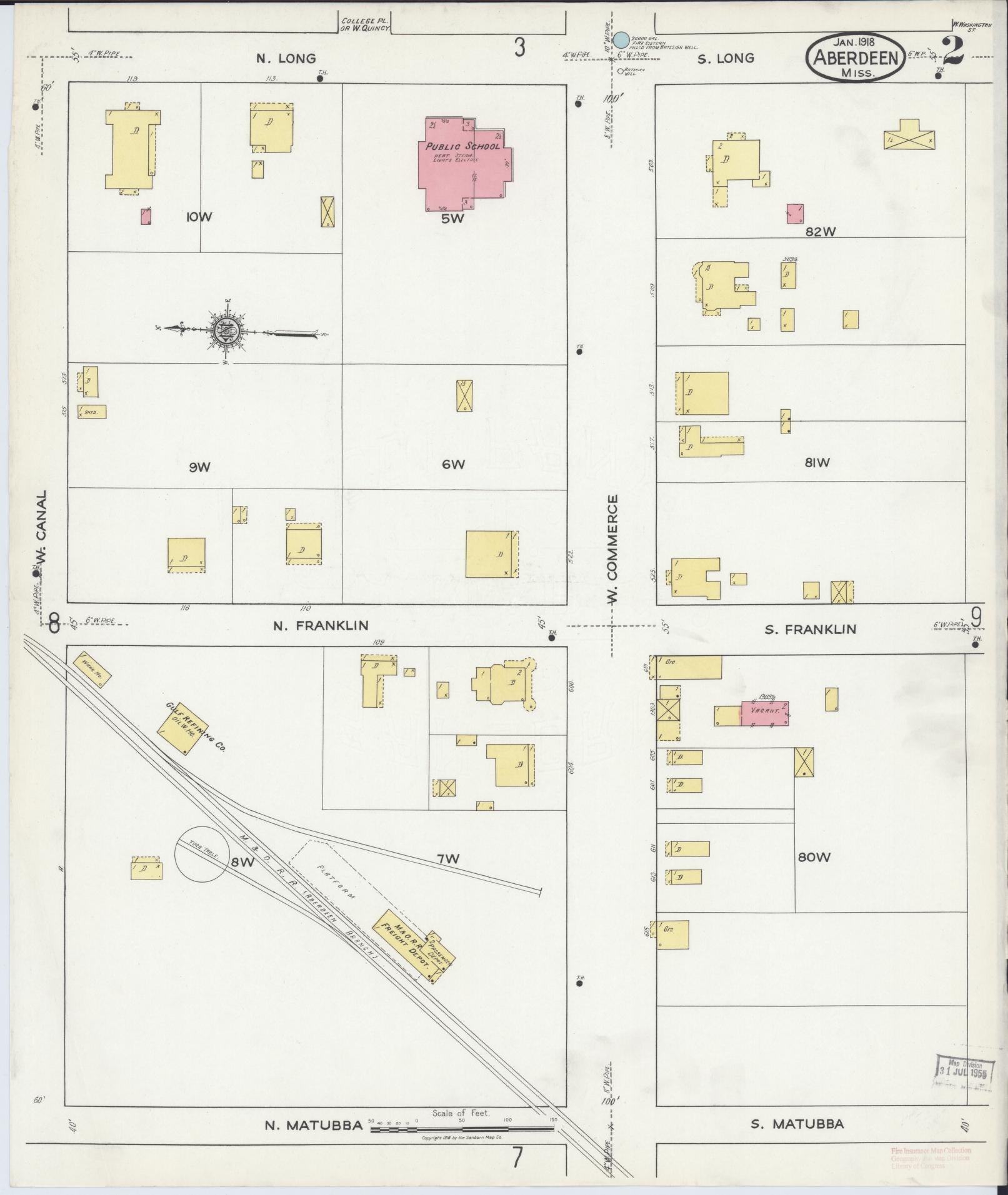 Sanborn Fire Insurance Map from Aberdeen, Monroe County, Mississippi (1918), Sheet #0002 - Historic Sanborn Fire Insurance Map Print, vintage old map wall art, antique decor, genealogy gift, Mississippi Mississippi map