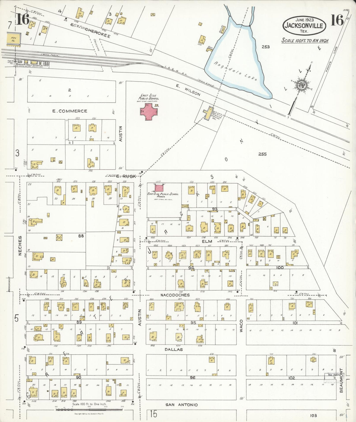 Sanborn Fire Insurance Map from Jacksonville, Cherokee County, Texas (1923), Sheet #0016 - Complete Map Set gallery image, historic Sanborn map, vintage wall art, Texas Texas