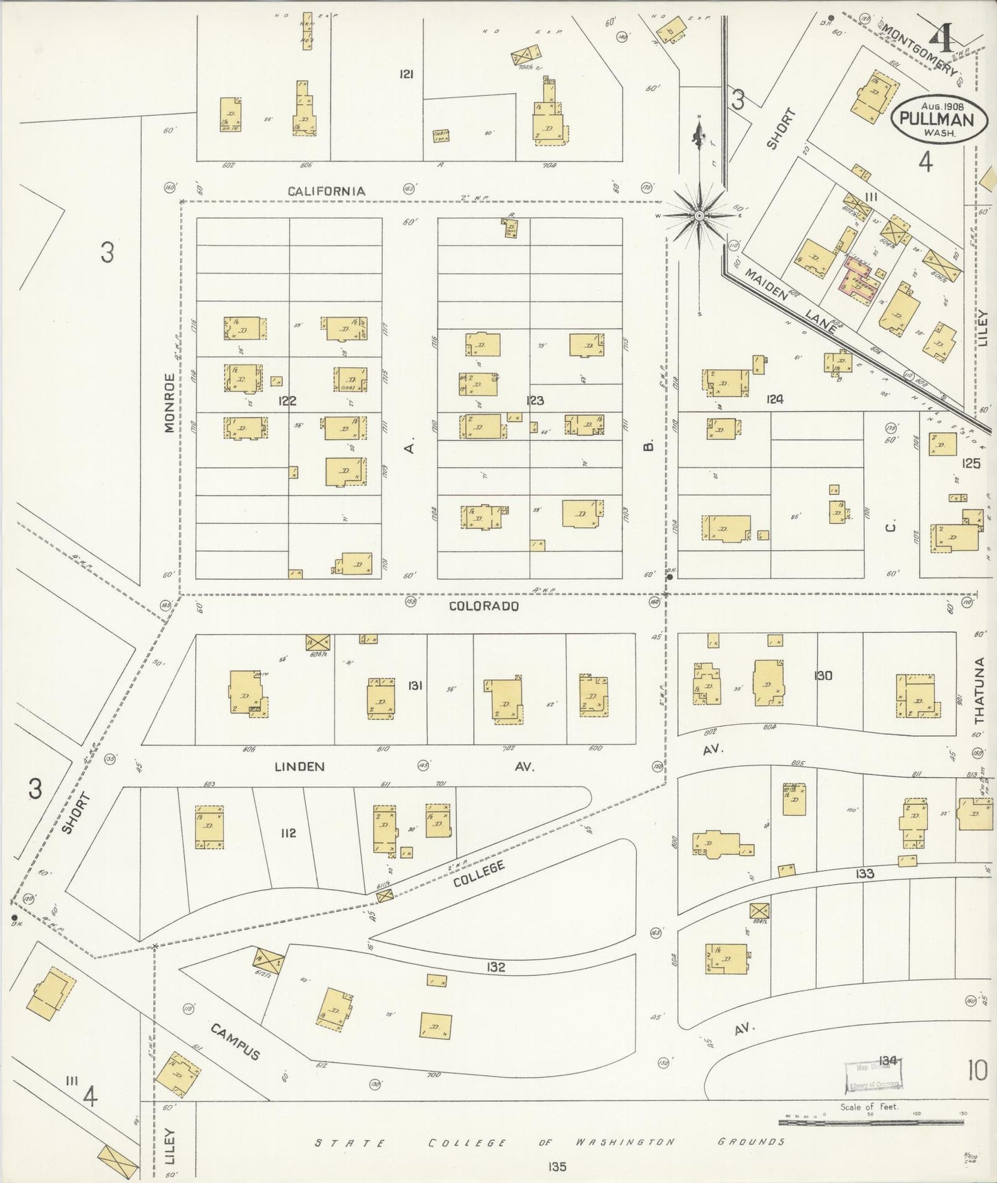 Sanborn Fire Insurance Map from Pullman, Whitman County, Washington (1908), Sheet #0004 - Complete Map Set gallery image, historic Sanborn map, vintage wall art, Washington Washington