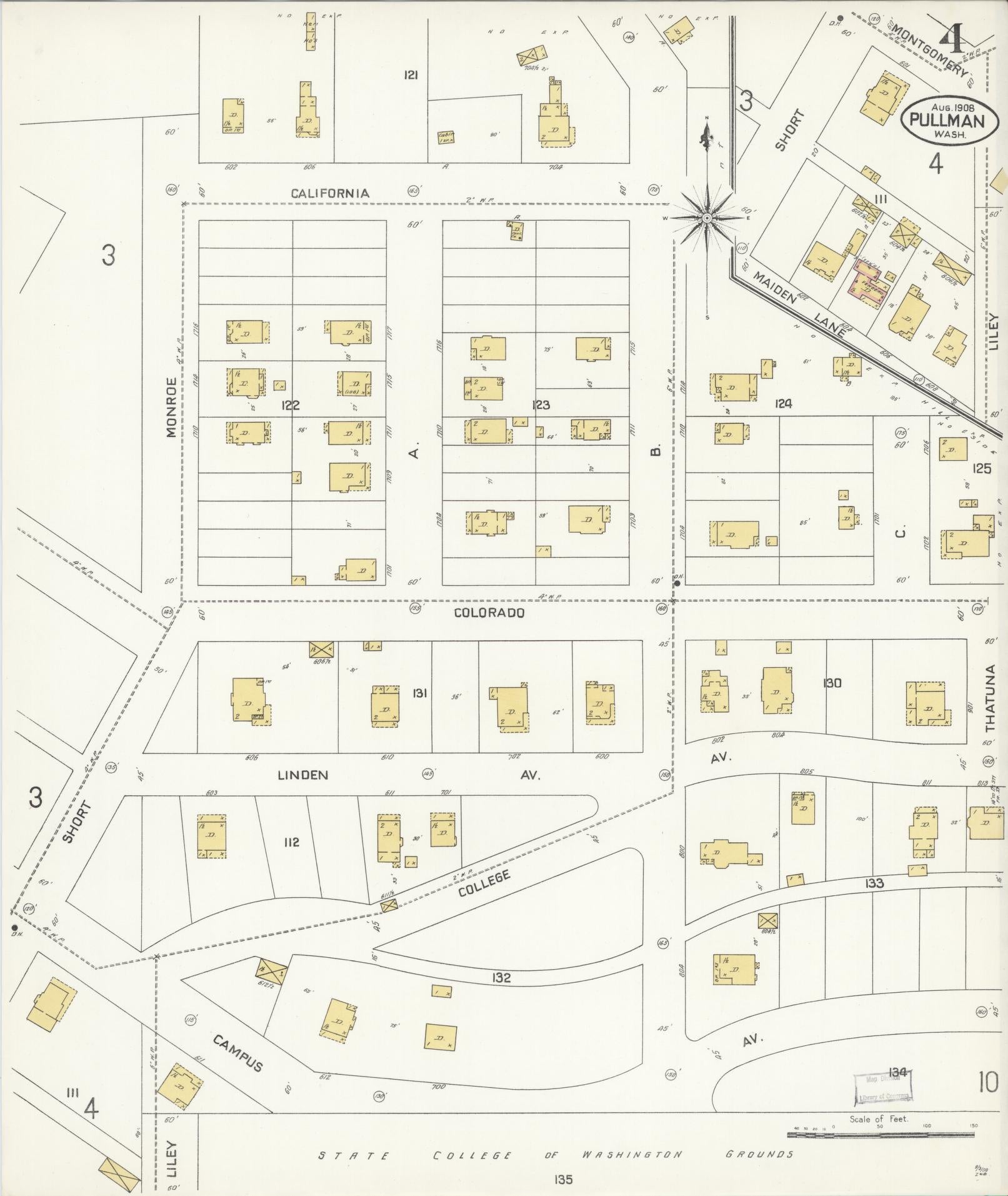 Sanborn Fire Insurance Map from Pullman, Whitman County, Washington (1908), Sheet #0004 - Complete Map Set gallery image, historic Sanborn map, vintage wall art, Washington Washington