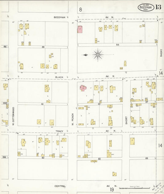 Sanborn Fire Insurance Map from Bozeman, Gallatin County, Montana (1904), Sheet #0013 - Historic Sanborn Fire Insurance Map Print, vintage old map wall art, antique decor, genealogy gift, Montana Montana map