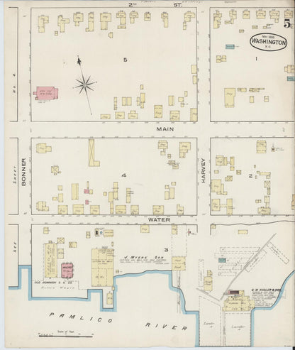 Sanborn Fire Insurance Map from Washington, Beaufort County, North Carolina (1885), Sheet #0005 - Historic Sanborn Fire Insurance Map Print, vintage old map wall art, antique decor, genealogy gift, North Carolina North Carolina map