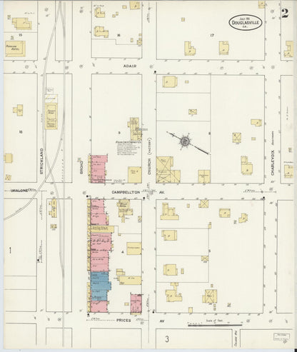 Sanborn Fire Insurance Map from Douglasville, Douglas County, Georgia (1911), Sheet #0002 - Complete Map Set gallery image, historic Sanborn map, vintage wall art, Georgia Georgia