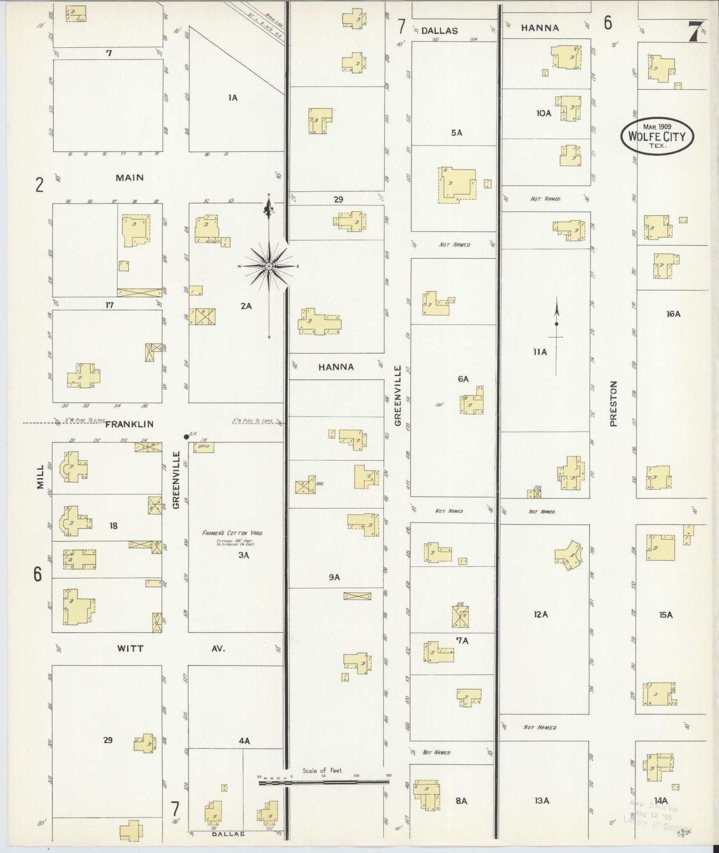 Sanborn Fire Insurance Map from Wolfe City, Hunt County, Texas (1909), Sheet #0007 - Complete Map Set gallery image, historic Sanborn map, vintage wall art, Texas Texas