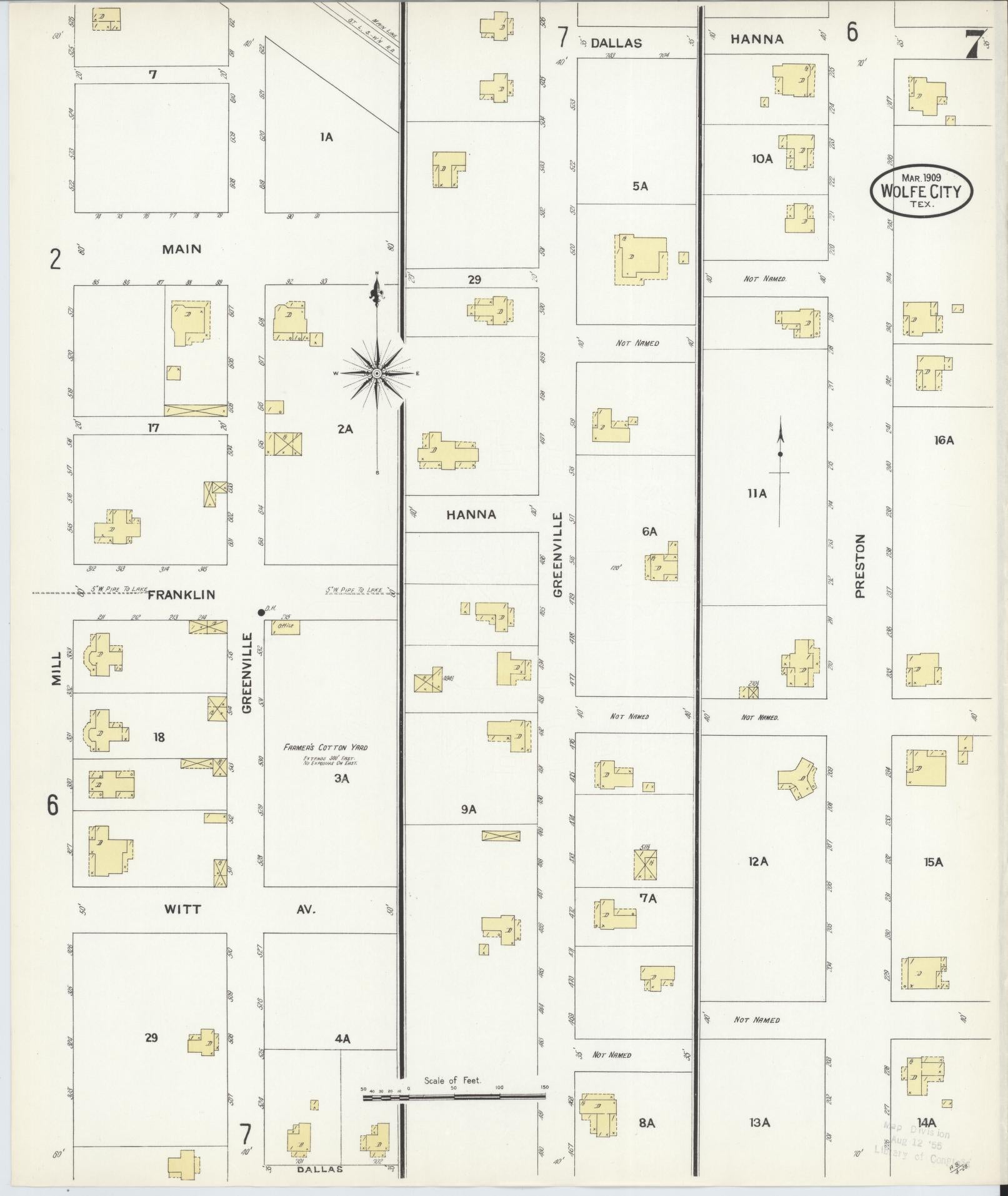 Sanborn Fire Insurance Map from Wolfe City, Hunt County, Texas (1909), Sheet #0007 - Complete Map Set gallery image, historic Sanborn map, vintage wall art, Texas Texas