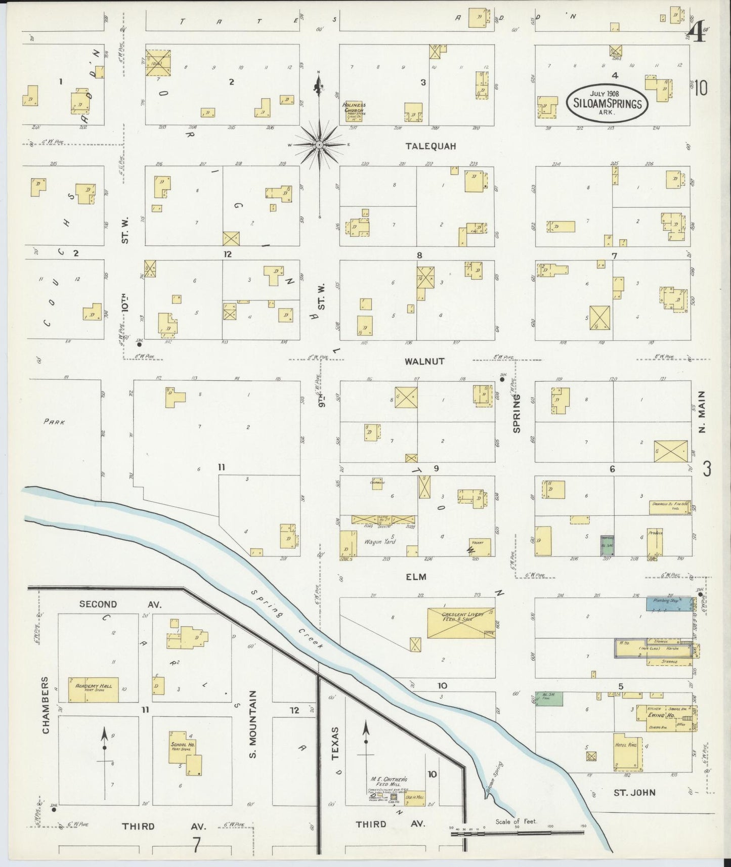 Sanborn Fire Insurance Map from Siloam Springs, Benton County, Arkansas (1908), Sheet #0004 - Historic Sanborn Fire Insurance Map Print, vintage old map wall art, antique decor, genealogy gift, Arkansas Arkansas map