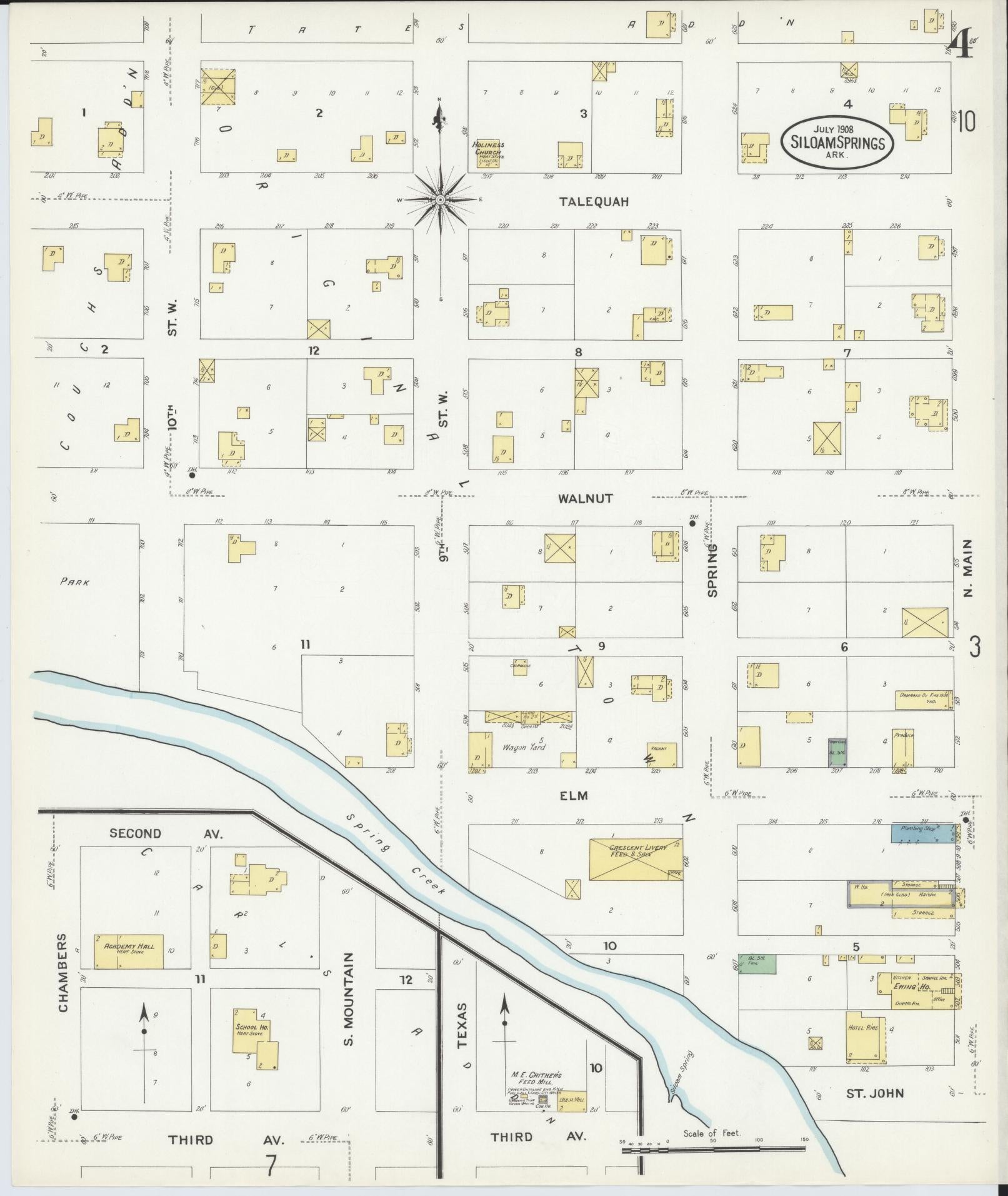 Sanborn Fire Insurance Map from Siloam Springs, Benton County, Arkansas (1908), Sheet #0004 - Historic Sanborn Fire Insurance Map Print, vintage old map wall art, antique decor, genealogy gift, Arkansas Arkansas map