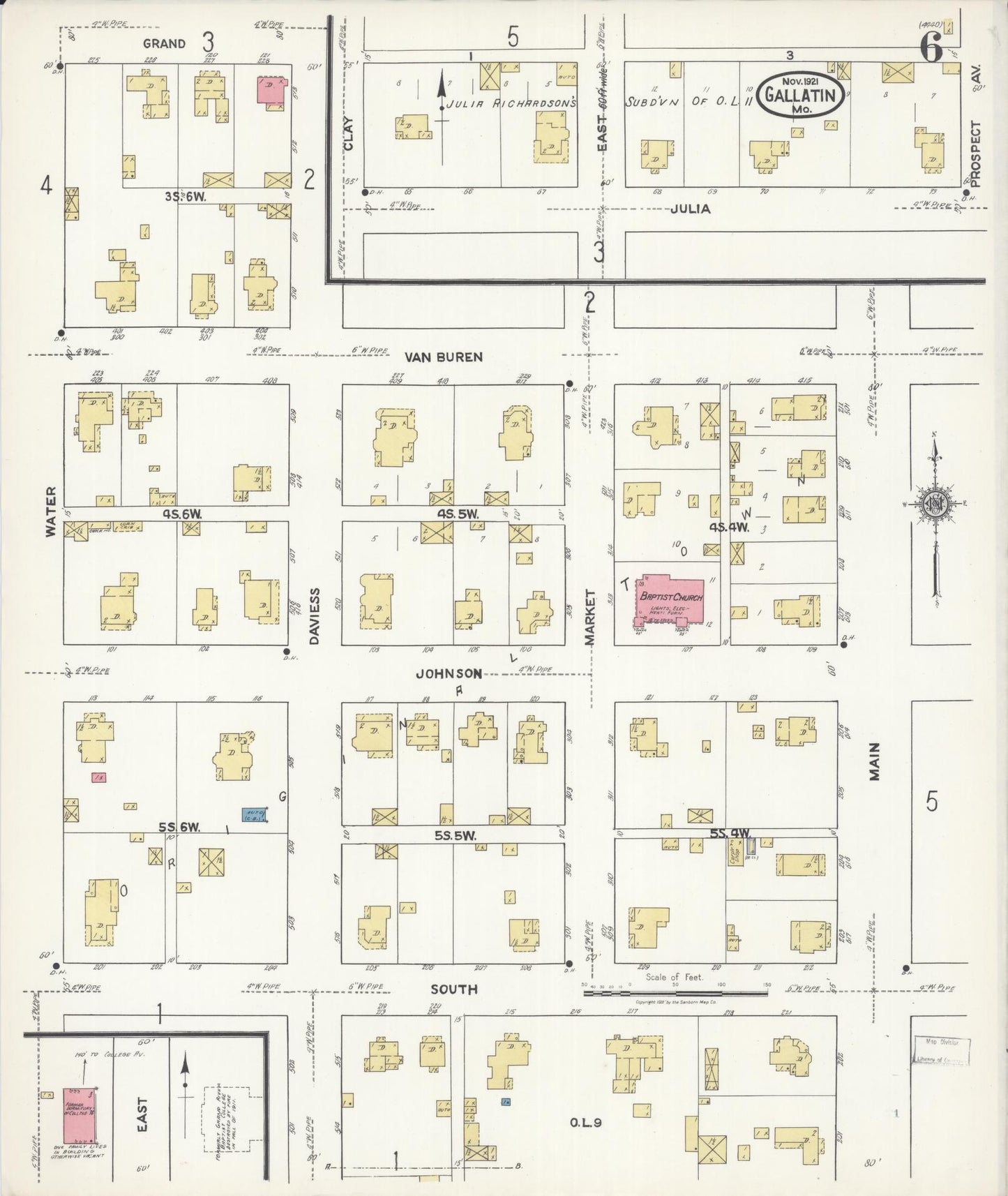 Sanborn Fire Insurance Map from Gallatin, Daviess County, Missouri (1921), Sheet #0006 - Complete Map Set gallery image, historic Sanborn map, vintage wall art, Missouri Missouri