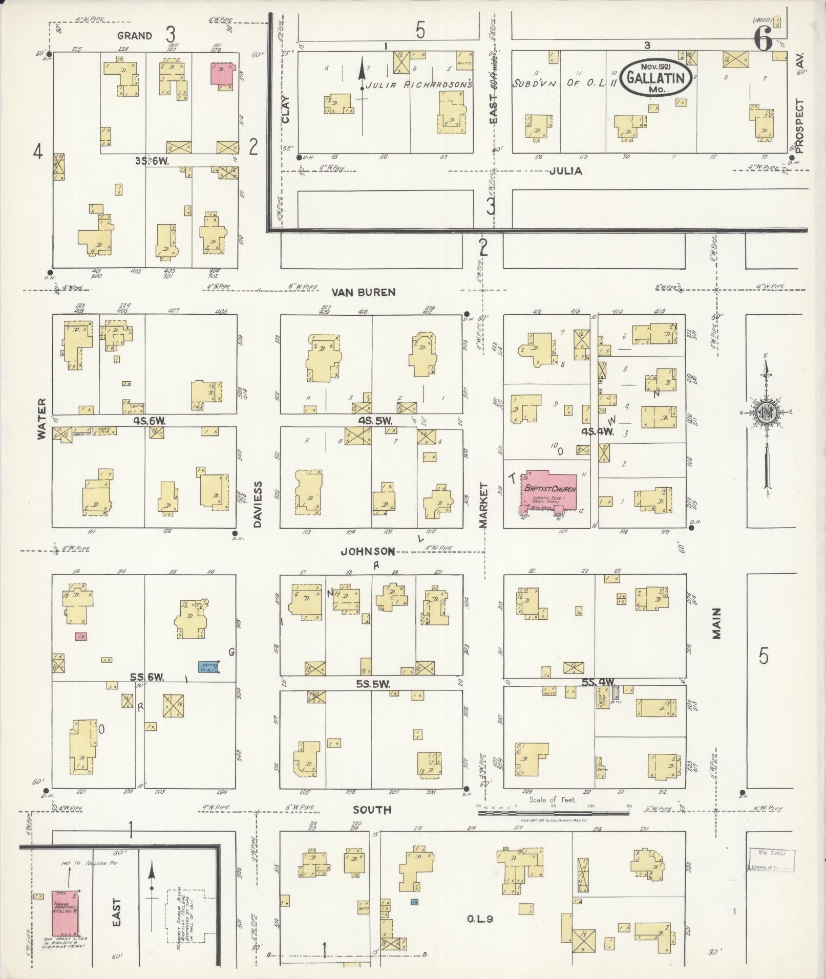 Sanborn Fire Insurance Map from Gallatin, Daviess County, Missouri (1921), Sheet #0006 - Complete Map Set gallery image, historic Sanborn map, vintage wall art, Missouri Missouri