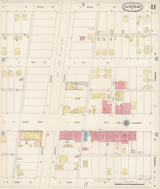 Sanborn Fire Insurance Map from Huntington Park, Los Angeles County, California (1916), Sheet #0011 - Historic Sanborn Fire Insurance Map Print, vintage old map wall art, antique decor, genealogy gift, California California map