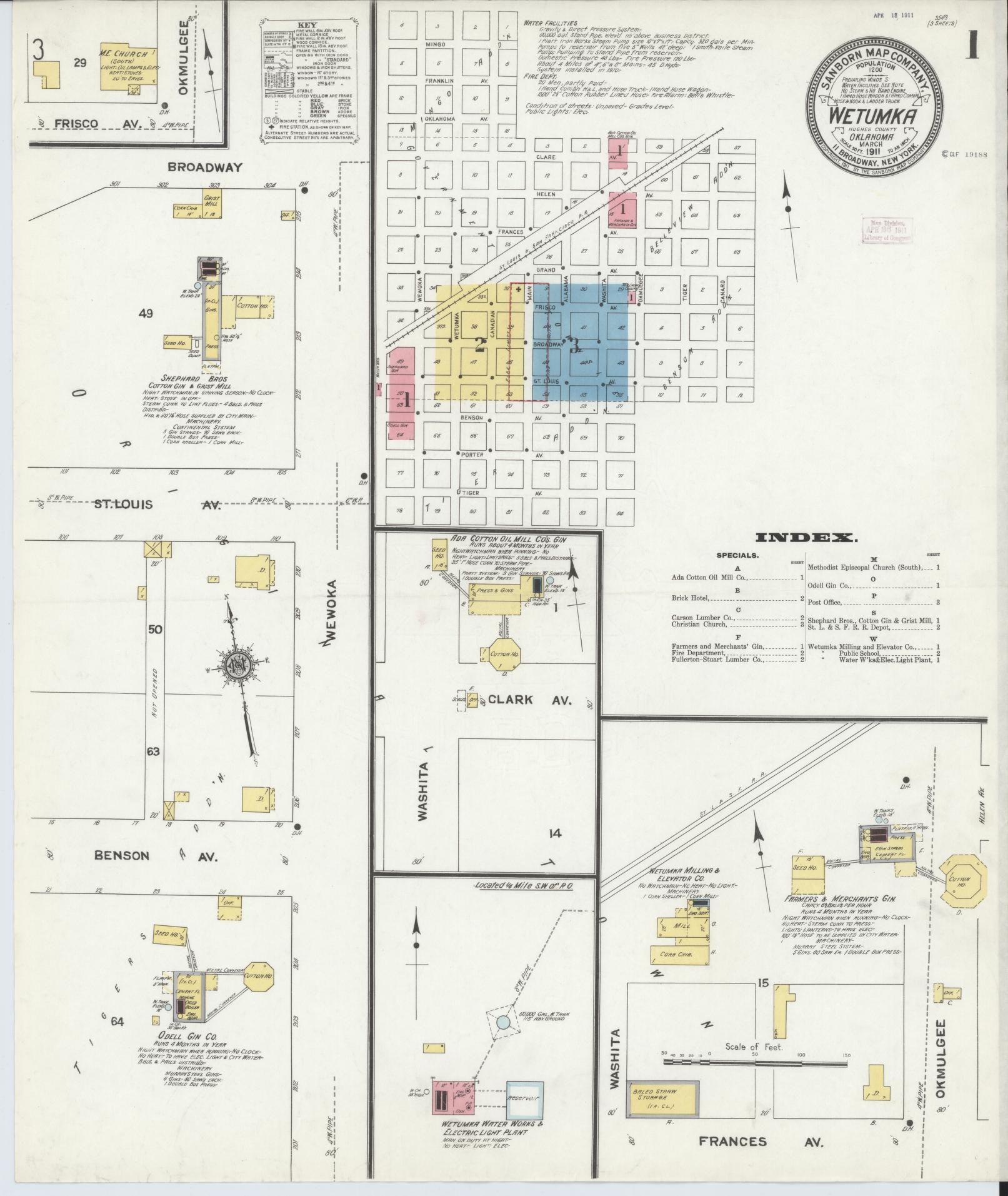 Sanborn Fire Insurance Map from Wetumka, Hughes County, Oklahoma (1911), Sheet #0001 - Historic Sanborn Fire Insurance Map Print, vintage old map wall art, antique decor, genealogy gift, Oklahoma Oklahoma map