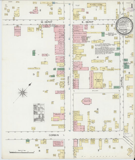 Sanborn Fire Insurance Map from Concord, Cabarrus County, North Carolina (1887), Sheet #0001 - Historic Sanborn Fire Insurance Map Print, vintage old map wall art, antique decor, genealogy gift, North Carolina North Carolina map