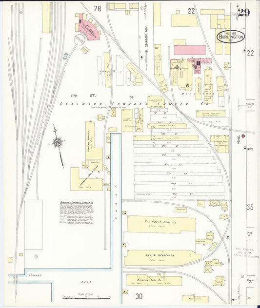 Sanborn Fire Insurance Map from Burlington, Chittenden County, Vermont (1912), Sheet #0029 - Historic Sanborn Fire Insurance Map Print, vintage old map wall art, antique decor, genealogy gift, Vermont Vermont map