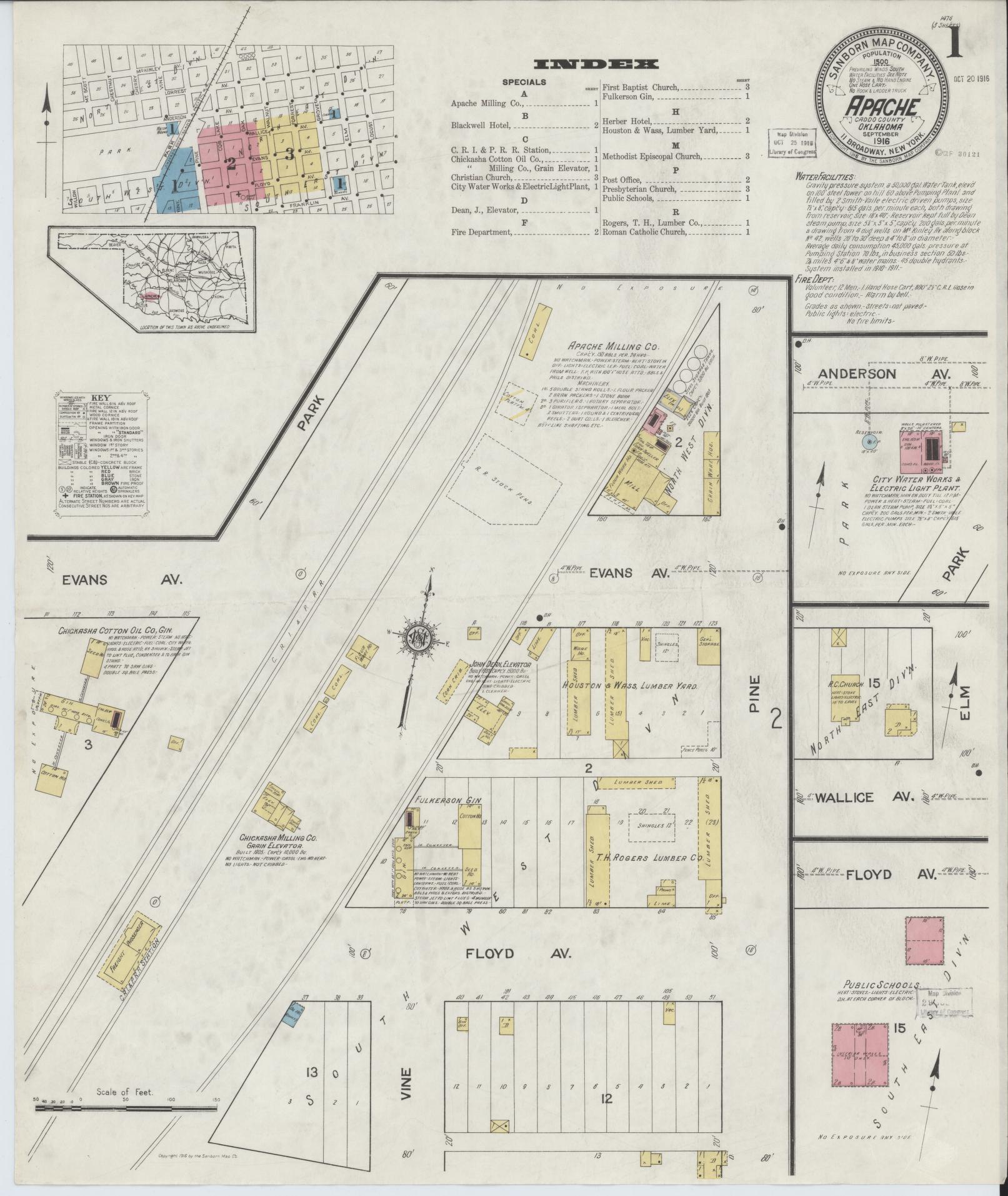 Sanborn Fire Insurance Map from Apache, Caddo County, Oklahoma (1916), Sheet #0001 - Historic Sanborn Fire Insurance Map Print, vintage old map wall art, antique decor, genealogy gift, Oklahoma Oklahoma map