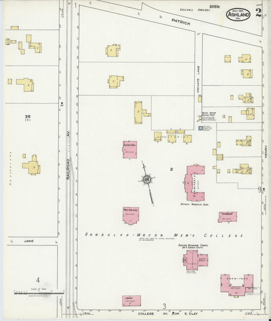 Sanborn Fire Insurance Map from Ashland, Hanover County, Virginia (1921), Sheet #0002 - Historic Sanborn Fire Insurance Map Print, vintage old map wall art, antique decor, genealogy gift, Virginia Virginia map