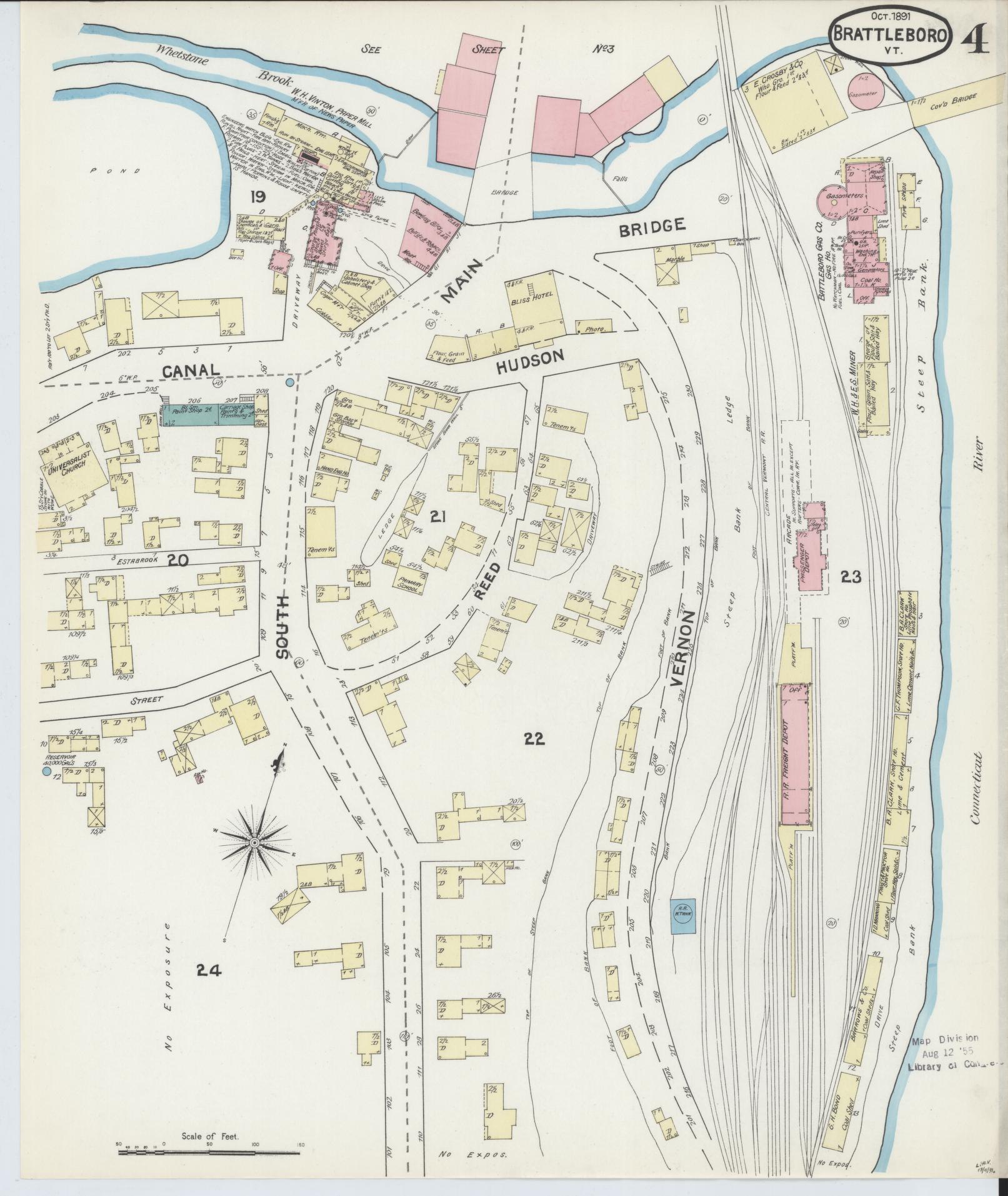 Sanborn Fire Insurance Map from Brattleboro, Windham County, Vermont (1891), Sheet #0004 - Complete Map Set gallery image, historic Sanborn map, vintage wall art, Vermont Vermont