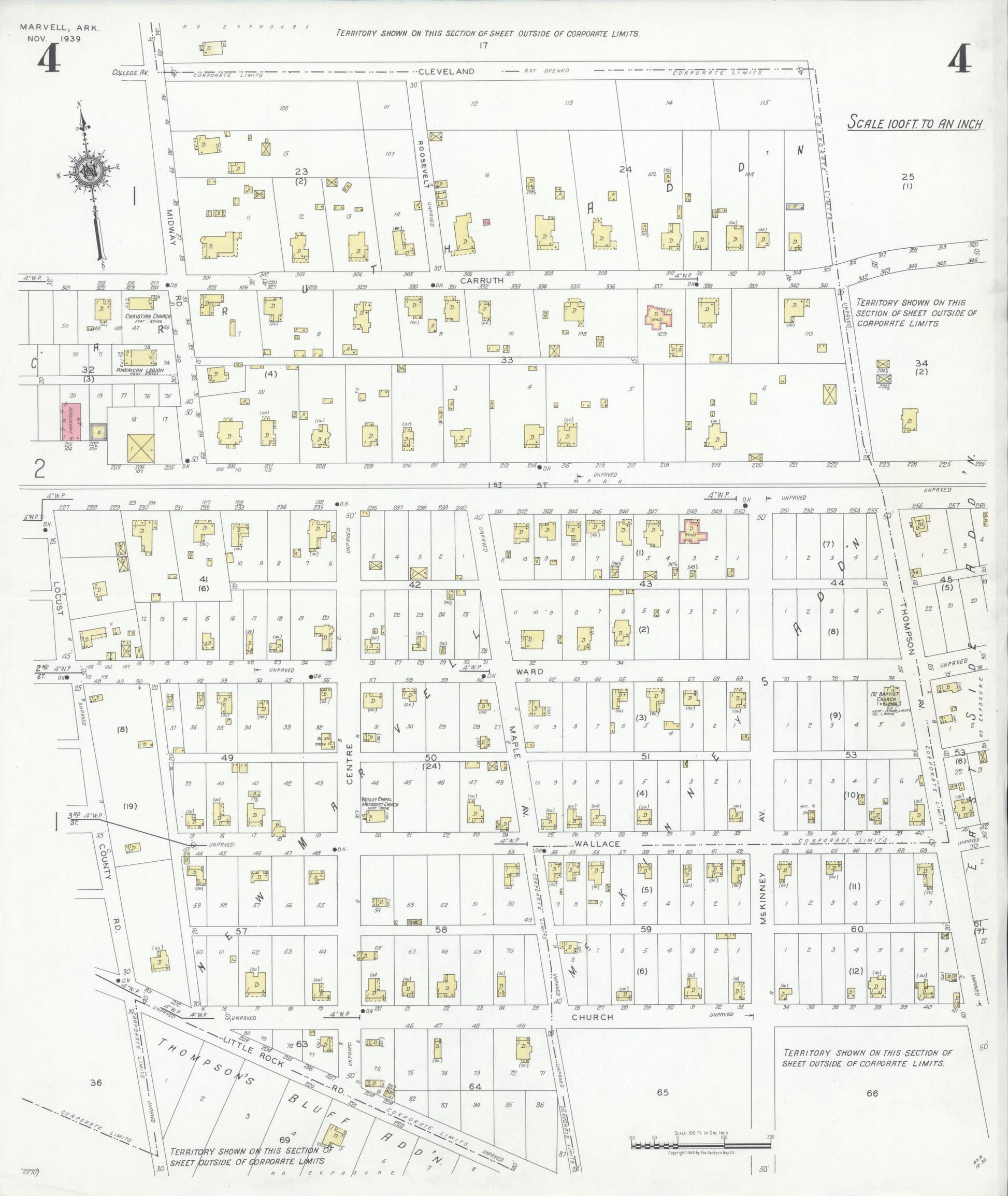 Sanborn Fire Insurance Map from Marvell, Phillips County, Arkansas (1939), Sheet #0004 - Historic Sanborn Fire Insurance Map Print, vintage old map wall art, antique decor, genealogy gift, Arkansas Arkansas map