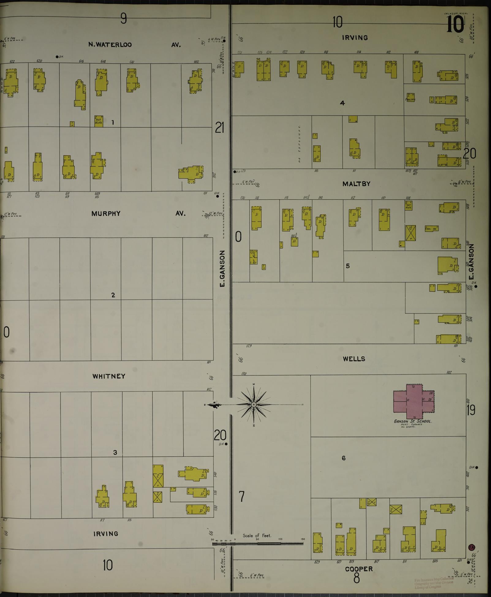 Sanborn Fire Insurance Map from Jackson, Jackson County, Michigan (1907), Sheet #0010 - Complete Map Set gallery image, historic Sanborn map, vintage wall art, Michigan Michigan