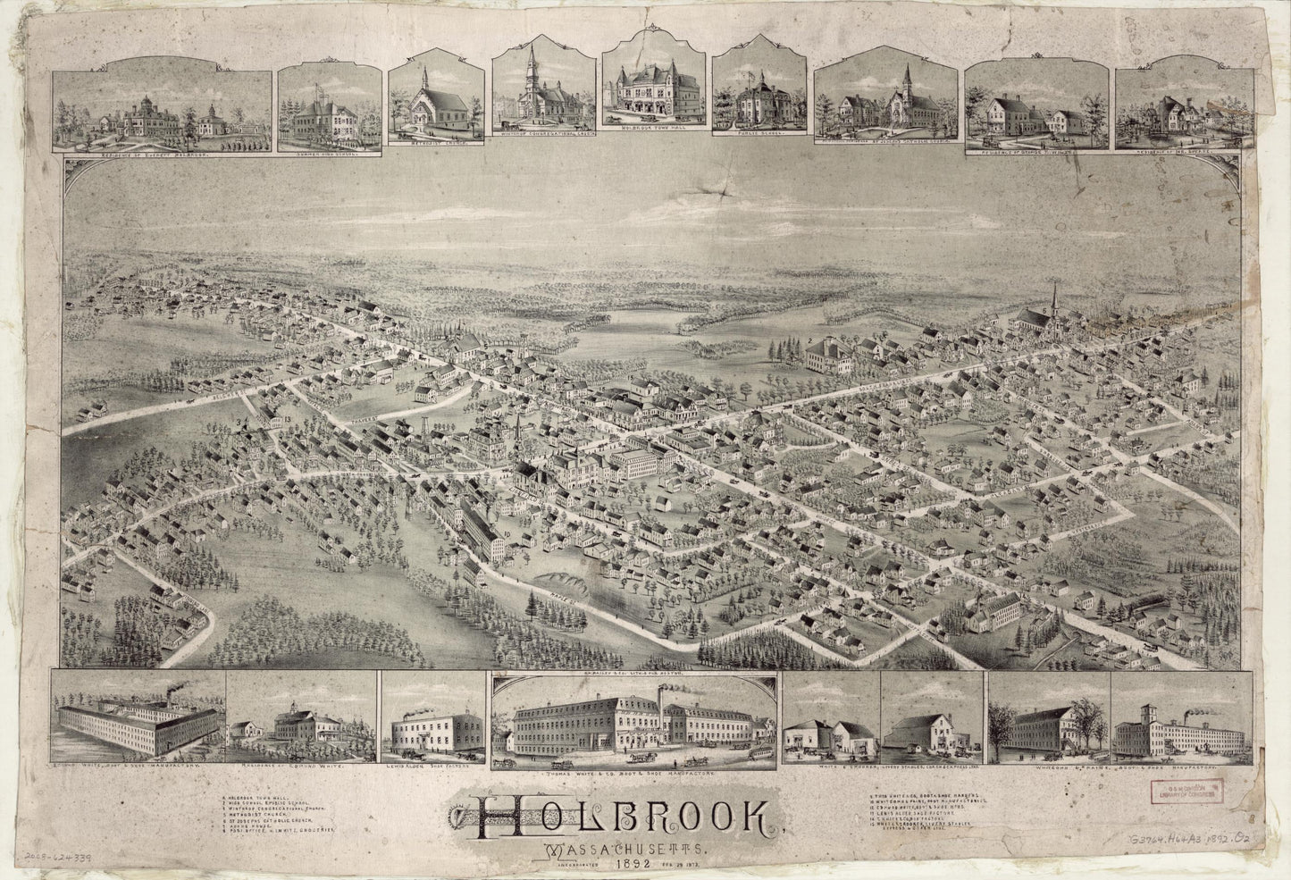 Holbrook, Massachusetts, 1892 : incorporated Feb. 29, 1872. (1892) – Historic Bird’s-Eye View Panorama Print