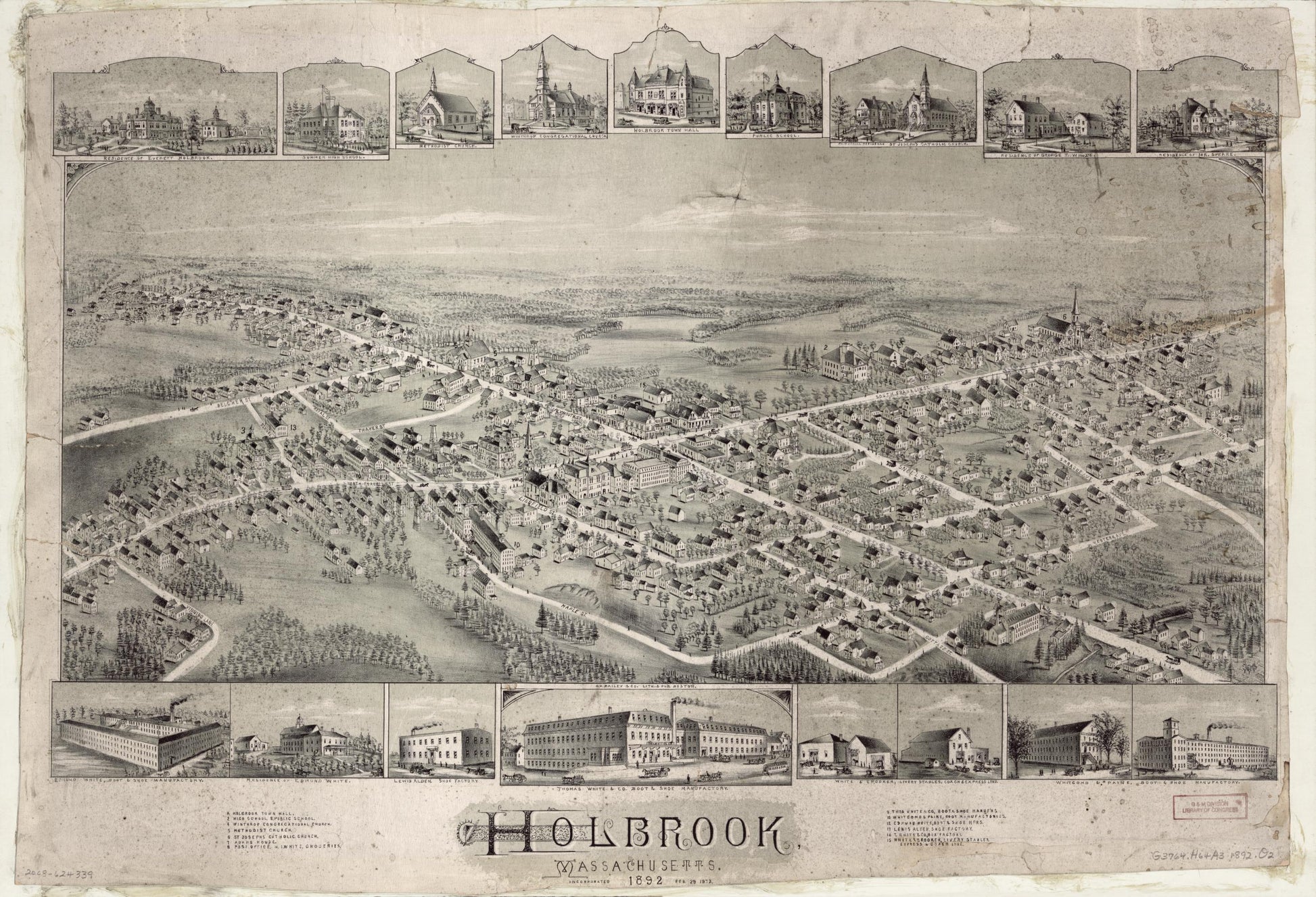 Holbrook, Massachusetts, 1892 : incorporated Feb. 29, 1872. (1892) – Historic Bird’s-Eye View Panorama Print