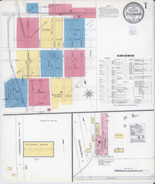 Sanborn Fire Insurance Map from Sycamore, De Kalb County, Illinois (1905), Sheet #0001 - Complete Map Set gallery image, historic Sanborn map, vintage wall art, Illinois Illinois