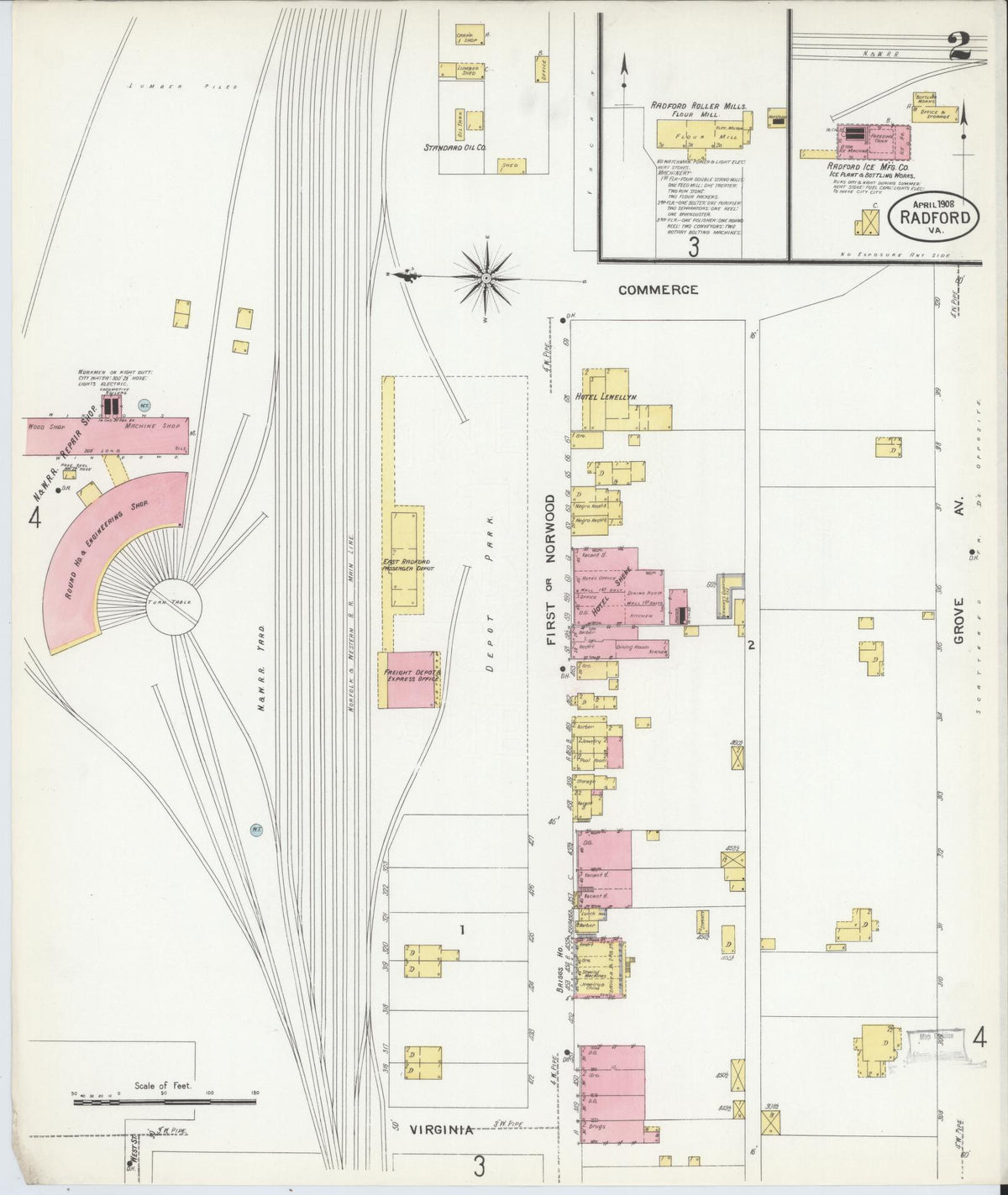 Sanborn Fire Insurance Map from Radford, Independent Cities, Virginia (1908), Sheet #0002 - Historic Sanborn Fire Insurance Map Print, vintage old map wall art, antique decor, genealogy gift, Virginia Virginia map