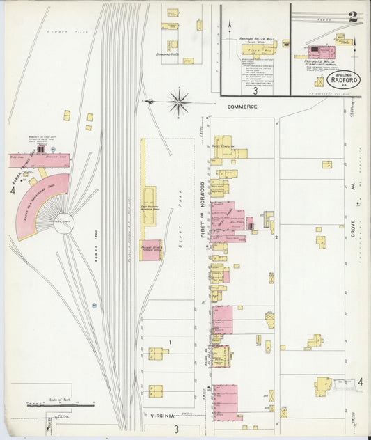 Sanborn Fire Insurance Map from Radford, Independent Cities, Virginia (1908), Sheet #0002 - Historic Sanborn Fire Insurance Map Print, vintage old map wall art, antique decor, genealogy gift, Virginia Virginia map