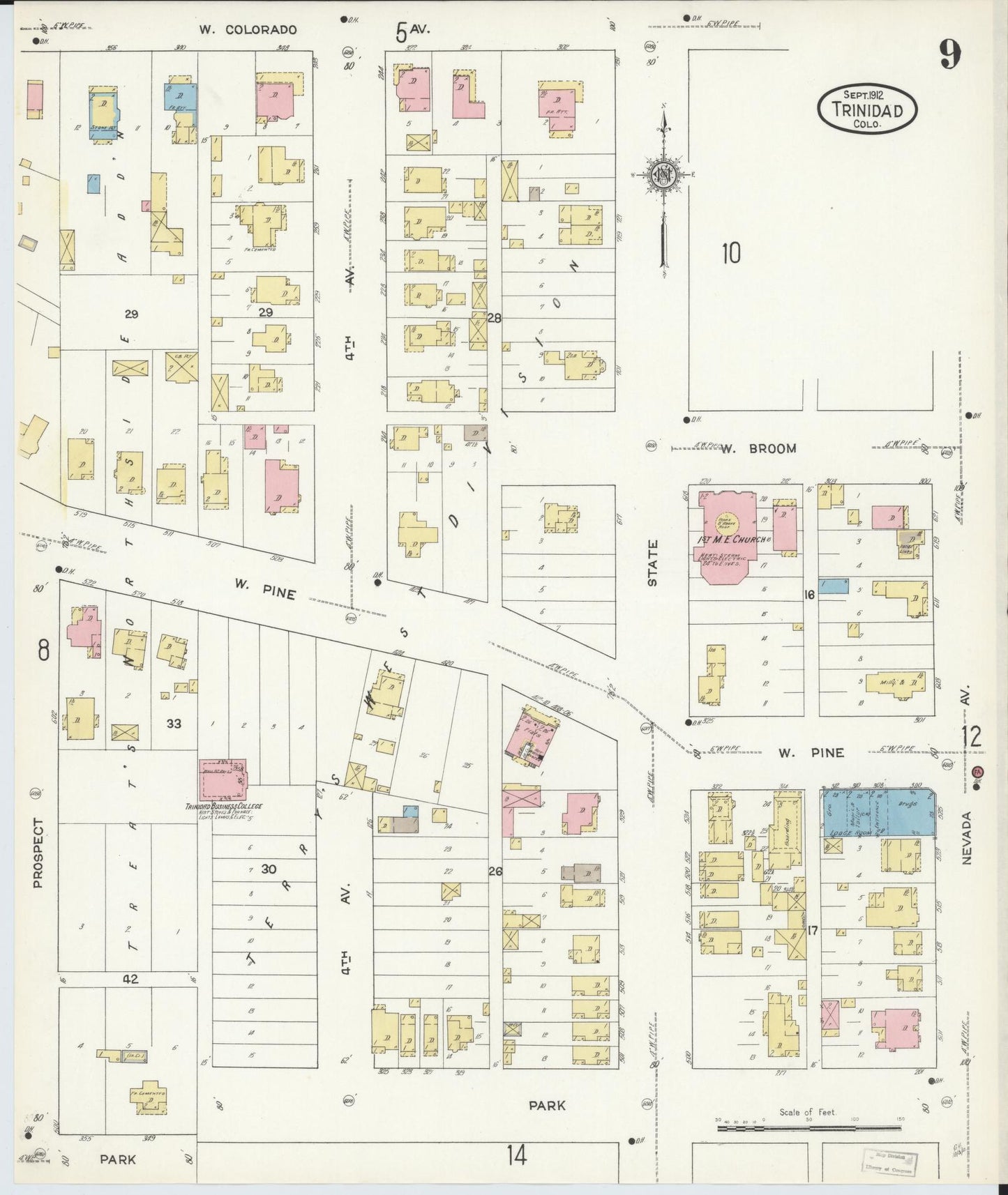 Sanborn Fire Insurance Map from Trinidad, Las Animas County, Colorado (1912), Sheet #0009 - Complete Map Set gallery image, historic Sanborn map, vintage wall art, Colorado Colorado