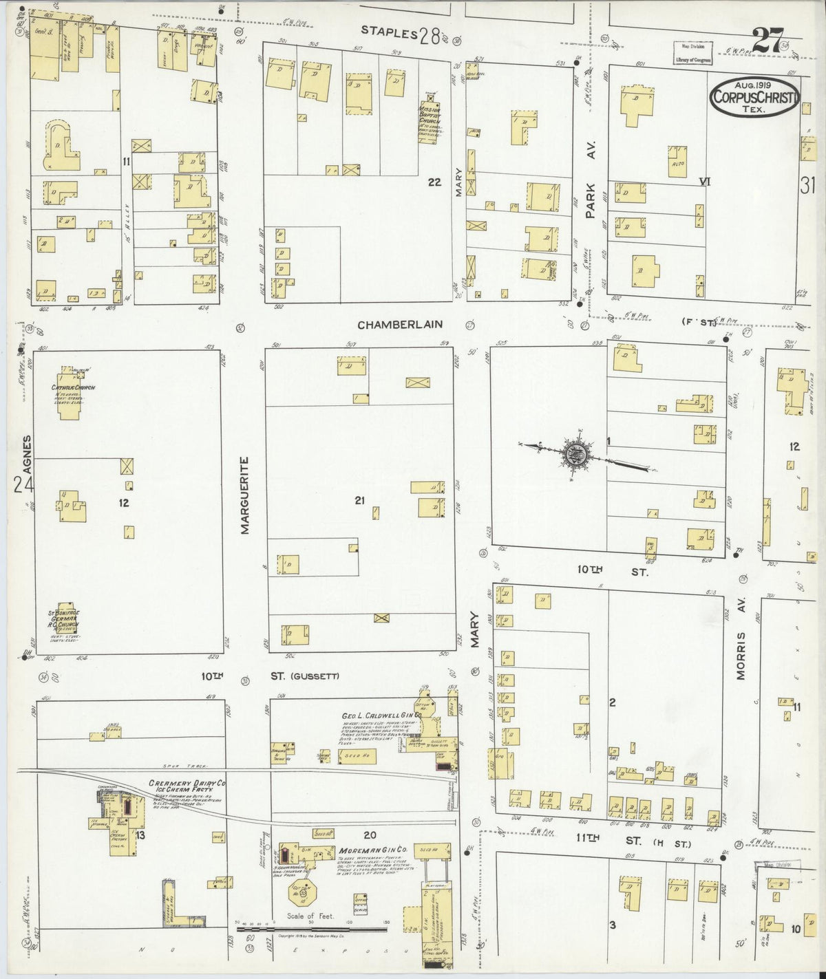 Sanborn Fire Insurance Map from Corpus Christi, Nueces County, Texas (1919), Sheet #0027 - Complete Map Set gallery image, historic Sanborn map, vintage wall art, Texas Texas