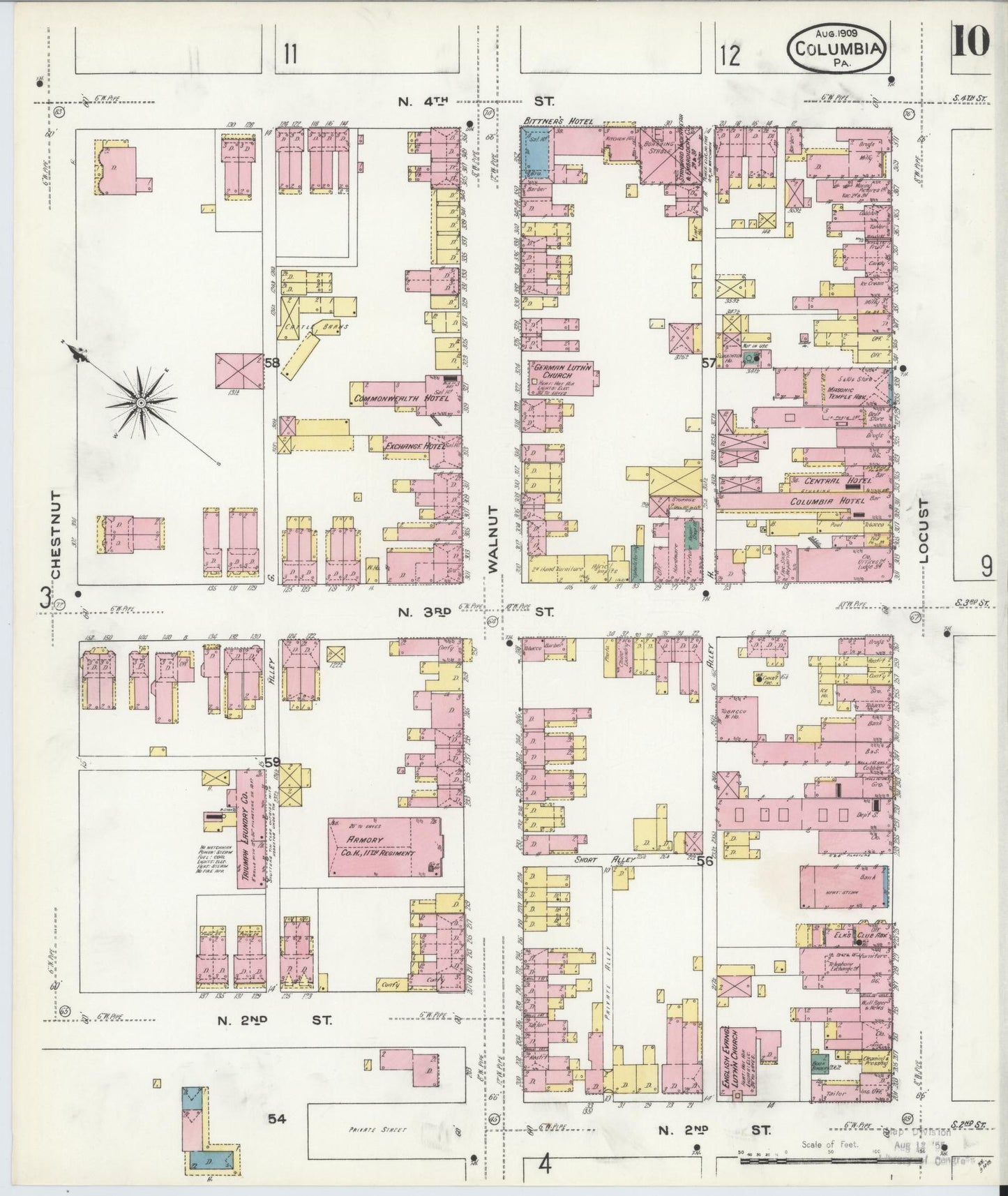 Sanborn Fire Insurance Map from Columbia, Lancaster County, Pennsylvania (1909), Sheet #0010 - Historic Sanborn Fire Insurance Map Print, vintage old map wall art, antique decor, genealogy gift, Pennsylvania Pennsylvania map