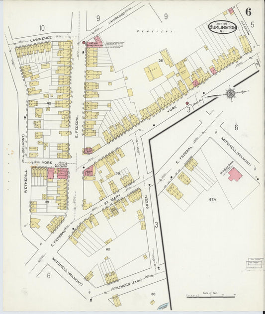 Sanborn Fire Insurance Map from Burlington, Burlington County, New Jersey (1915), Sheet #0006 - Historic Sanborn Fire Insurance Map Print, vintage old map wall art, antique decor, genealogy gift, New Jersey New Jersey map