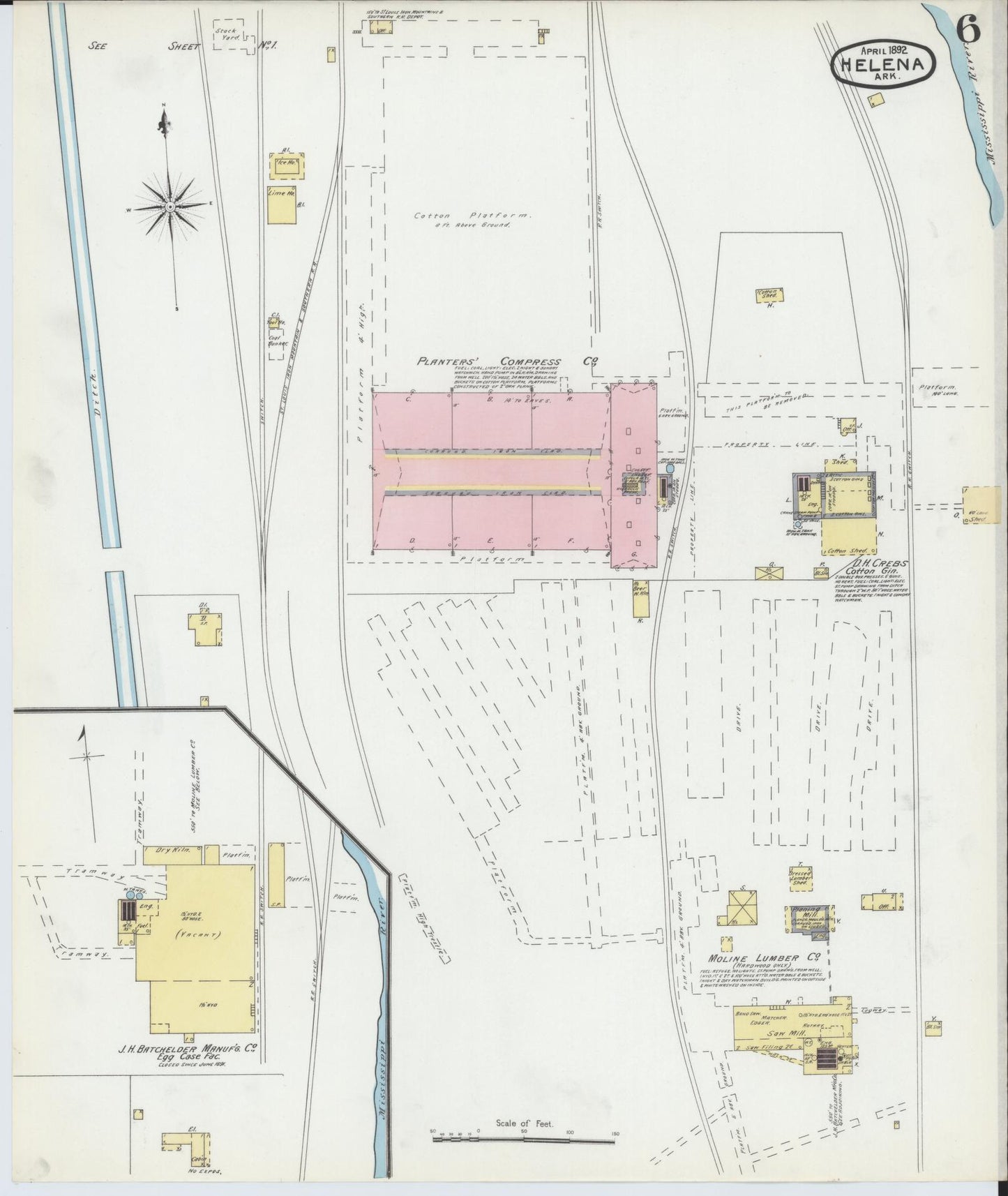Sanborn Fire Insurance Map from Helena, Phillips County, Arkansas (1892), Sheet #0006 - Complete Map Set gallery image, historic Sanborn map, vintage wall art, Arkansas Arkansas